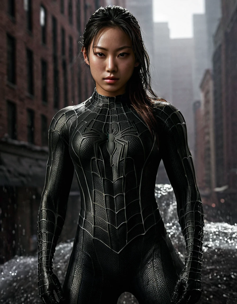 score_9, score_8_up, score_7_up, best quality, realistic, masterpiece, beautiful detail, hyperrealistic, night, ((1girl, woman body, big breasts)), amazing detailed full body portrait of a sexy korean girl, wearing a realistic and highly detailed black raimi spider-man suit, ((huge muscular girl)), professional model wears ultra - detailed black raimi spider - man suit, ultra - detailed and grained black raimi spiderman suit, suit covered entire body and hand, black spiderman gloves, wet, (action pose), (full body), (dirty skin), octane render, highly detailed, volumetric, dramatic lighting, (highest quality:1.1), (HDR:1.3), (top quality, best quality), realistic, high definition,