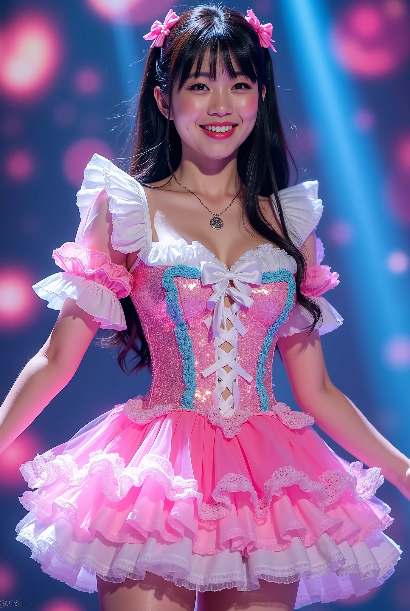 Create a highly detailed, realistic image of a young woman with long, dark hair styled with two small pink bows on either side. She is wearing a vibrant and transparent shinning glossy pink short dress that has a layered, frilly design with white ruffled edges on the sleeves and neckline. The dress has intricate lace-up details on the front, with white ribbons crisscrossing over the bodice. A large, white bow is tied around her waist, and the skirt is layered with multiple ruffles, alternating between white and pink frills. The upper part of the dress has a mix of white and blue accents, especially around the shoulders, giving it a lively, idol-like appearance. The girl’s expression is cheerful and playful, with a radiant smile, captured both in performance and posing with a slightly pensive look. Ensure that her outfit appears shiny and glossy, reflecting stage lights, and incorporate a vivid, performance-like atmosphere in the background.