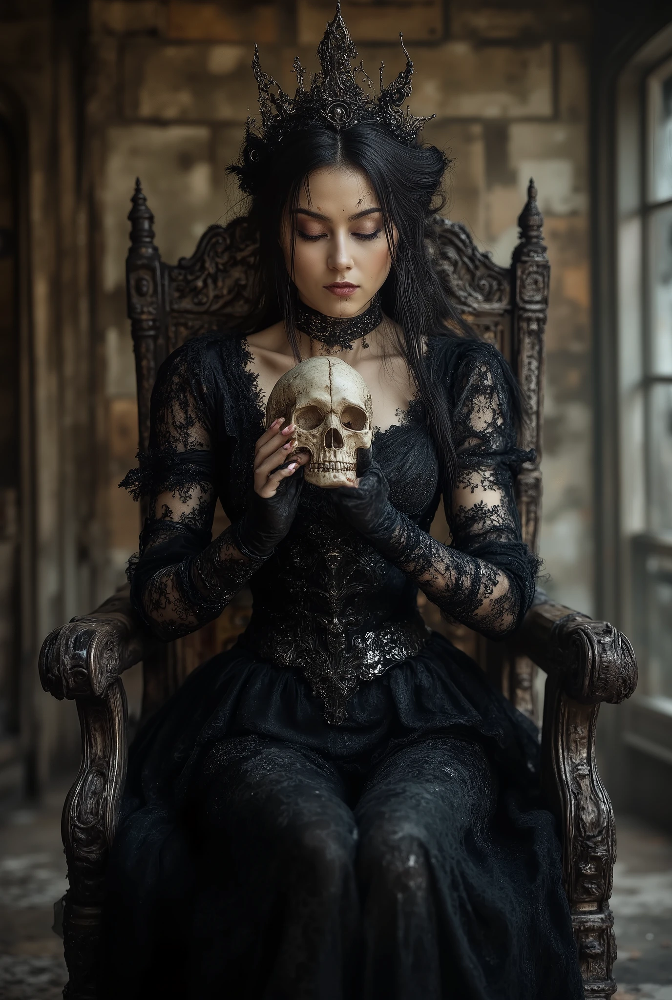 Love Beyond Time, High Quality, Gothic Horror, One Girl, Solo, Beautiful Woman, Queen of the Night, Dark Empress, Long Black Hair, Long Eyelashes, Closed Eyes, Narrow Face, Mole Under Eye, Moist Lips, Slim Body, Medieval European Black Dress, High Neck, Choker, Long Sleeves, Lace Gloves, High Heels, Black veil, empty hall, sitting on throne, kissing skull in hand, close-up of skull and woman's face,