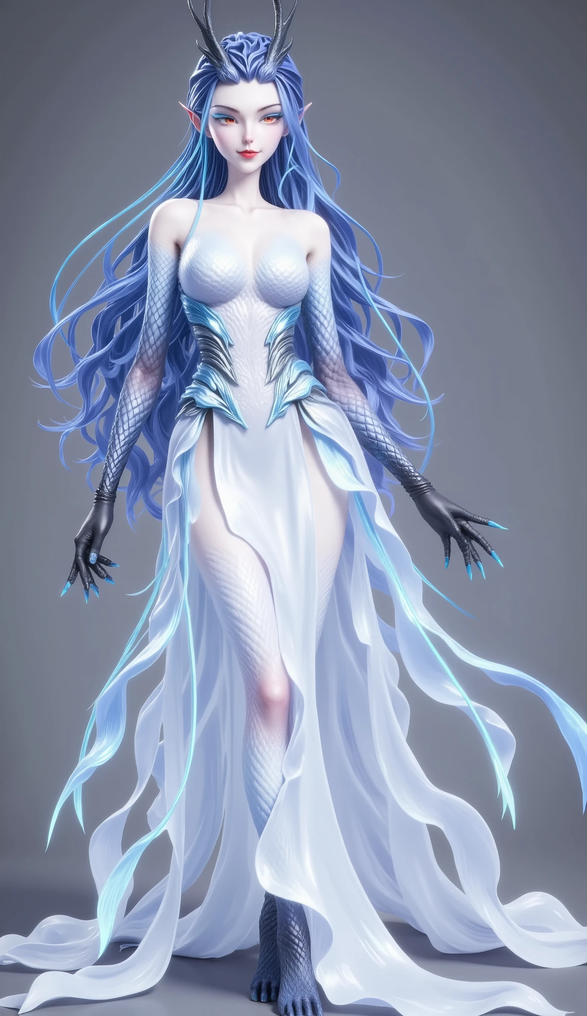 Dragon Girl,  Unique ，  blue hair, Big breasts，big boobs ， reveals breasts， exposing chest， exposing chest， reveals breasts， reveals breasts