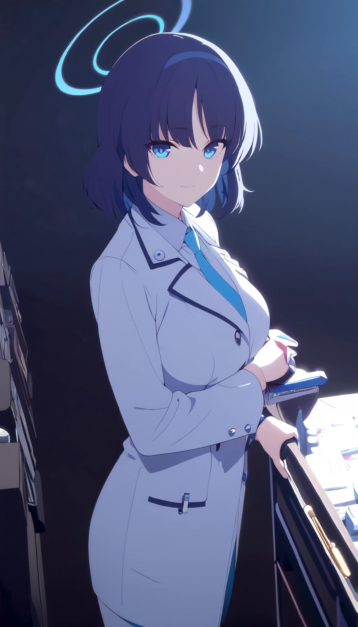 masterpiece, best quality, solo, 1girl, mature, dark blue hair, short hair, cerulean blue eye, blue halo, medium breast, white pharmacist coat, standing, looking at viewer, calm, composed, black background only