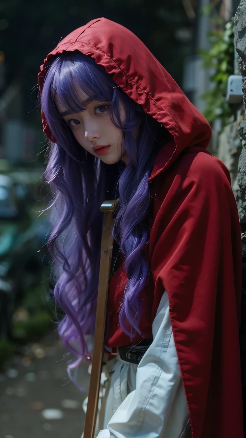 （ cute face）clear coat.dq pom     ,purple　hair,      earrings.、     top quality     , bangs , Little head on the street  :1.3 Ultra Realistic     :1.2  ,  Masterpiece,      top quality ,      more details,       realistic lighting     .A Broader Perspective.  fantasy    . Outdoors
