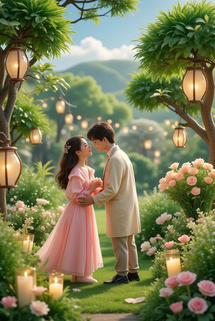 一对情侣在迷人的garden中心跳浪漫的舞蹈. The scene is illuminated by floating candles and lanterns , projects a warm , Gently. garden , From the delicate petals of flowers to the verdant leaves , The intricate details are presented in amazing 8K resolution . The couple, Immerse yourself in your arms , Exudes deep love and connection . The atmosphere is full of magical magic , The soft light and serene beauty of the surroundings brightens up the surrounding environment