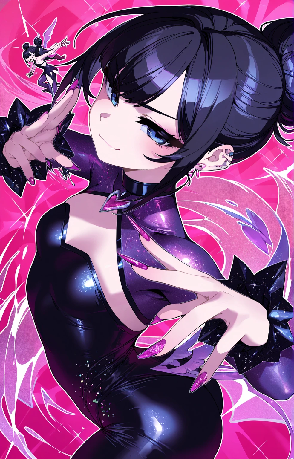 Carefully draw the face　High-quality faces in anime style　super shiny skin　Obscene lines　black leotard　Purple pantyhose　succubus　lure　smile　back view