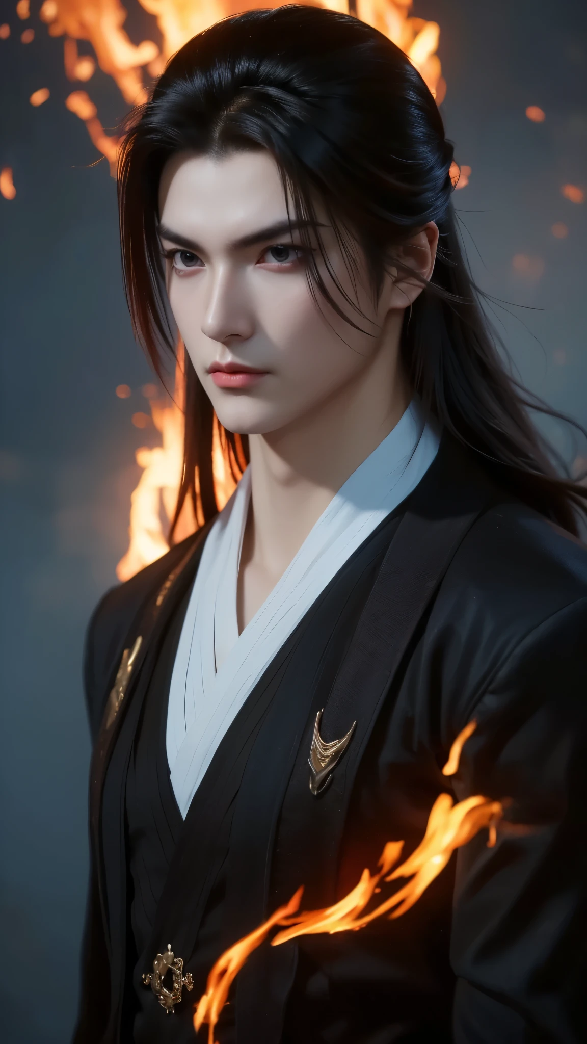 Vuong Lam's portrait is beautiful, emotionless, exuding a cold, majestic temperament tinged with loneliness. His deep, piercing blue eyes looked at his opponents, reflecting his perseverance and an incomprehensible inner world, shaped by countless trials. His handsome, sharp face exudes determination and intelligence. His flowing red hair in the ancient Tien Hiep style further enhances his elegant appearance. He wears an exquisite period costume, battle scars - blood on his face and pale lips - mark his recent struggle.The image is a dynamic, digital artwork featuring a stylized figure with exaggerated, muscular humanoid form. The central figure is cloaked in dark tones, providing a silhouette-like appearance against the fiery background. The figure's pose suggests motion and power, with outstretched arms and a defiant stance that gives the impression of confident action or thunderous arrival.
The background bursts with vibrant red flames.