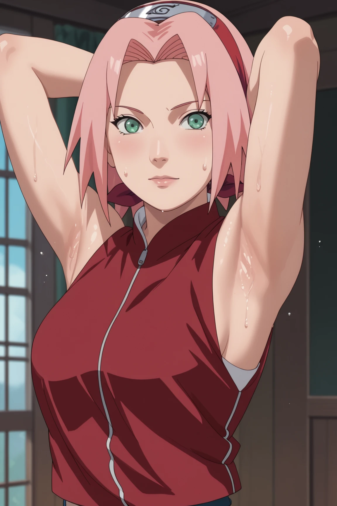 score_9, score_8_up, score_7_up, score_6_up, score_5_up, score_4_up, BREAK, source_anime, 1girl, haruno sakura, pink hair, short hair, green eyes, sleeveless, red shirt, forehead protector, mini skirt, zettairyoiki, angry, cowboy shot, looking at viewer, solo, anime screencap, anime coloring, outside, huge_breasts, hard nipples, Underarm sweat, black underarm hair damp with sweat, natural (black:1.2) armpit hair, handcuffs, bound wrists, rise arms, skinny, Abandoned house, enemy hideout, inside