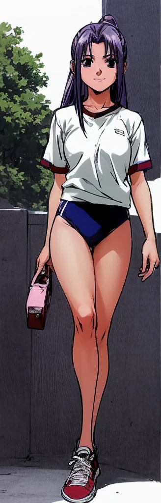 Momoko Koigakubo, a tall girl with beautiful legs, is wearing white gym clothes and light navy blue bloomers that look like panties, and is standing with her legs open and her legs spread to the side.。
