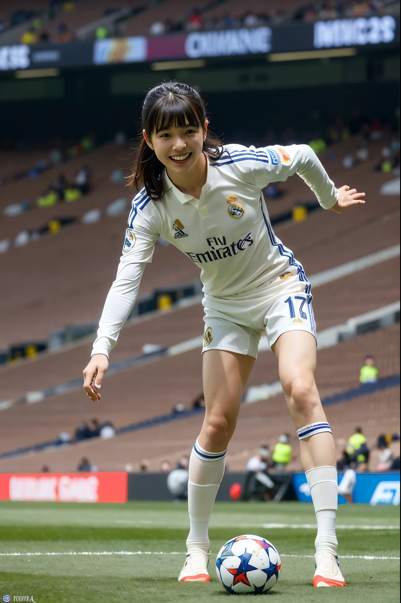 1 girl ,peeing:1.2, ((from below)), Soccer Sliding Tackle, nude,bare pussy, smiling, big breasted, tall: 1.3, smooth white skin , .((Real Madrid soccer uniform, cleats, socks, completely naked from waist down)), cropped blunt bangs, spread pussy , solo focus, bangs, masterpiece, best quality, ultra high quality, high quality, realistic, photo realistic, raw photo, ultra detailed, intricately detailed, ((outdoors, summer, sunny, Spain, league, Santiago Bernabeu, Real Madrid, soccer stadium, full stadium)), outdoors,
