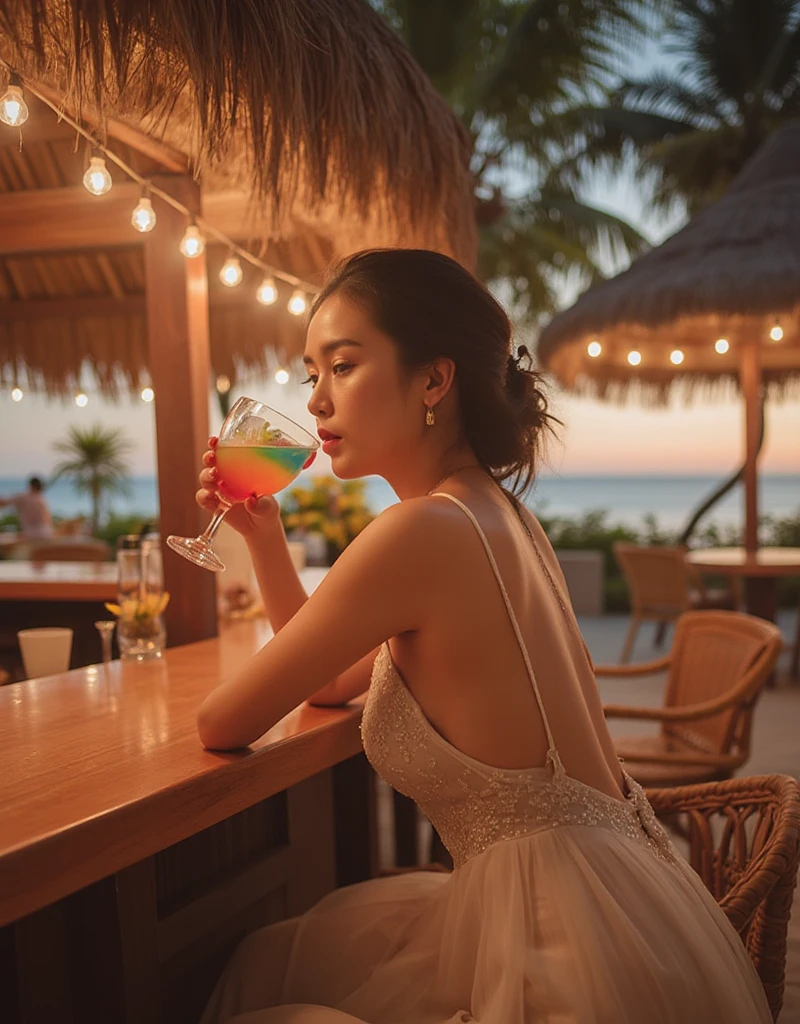 1 woman making a toast,at night tropical island party