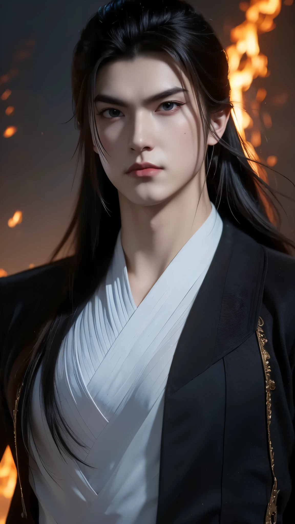 Vuong Lam's portrait is beautiful, emotionless, exuding a cold, majestic temperament tinged with loneliness. His deep, piercing blue eyes looked at his opponents, reflecting his perseverance and an incomprehensible inner world, shaped by countless trials. His handsome, sharp face exudes determination and intelligence. His flowing red hair in the ancient Tien Hiep style further enhances his elegant appearance. He wears an exquisite period costume, battle scars - blood on his face and pale lips - mark his recent struggle.The image is a dynamic, digital artwork featuring a stylized figure with exaggerated, muscular humanoid form. The central figure is cloaked in dark tones, providing a silhouette-like appearance against the fiery background. The figure's pose suggests motion and power, with outstretched arms and a defiant stance that gives the impression of confident action or thunderous arrival.
The background bursts with vibrant red flames.