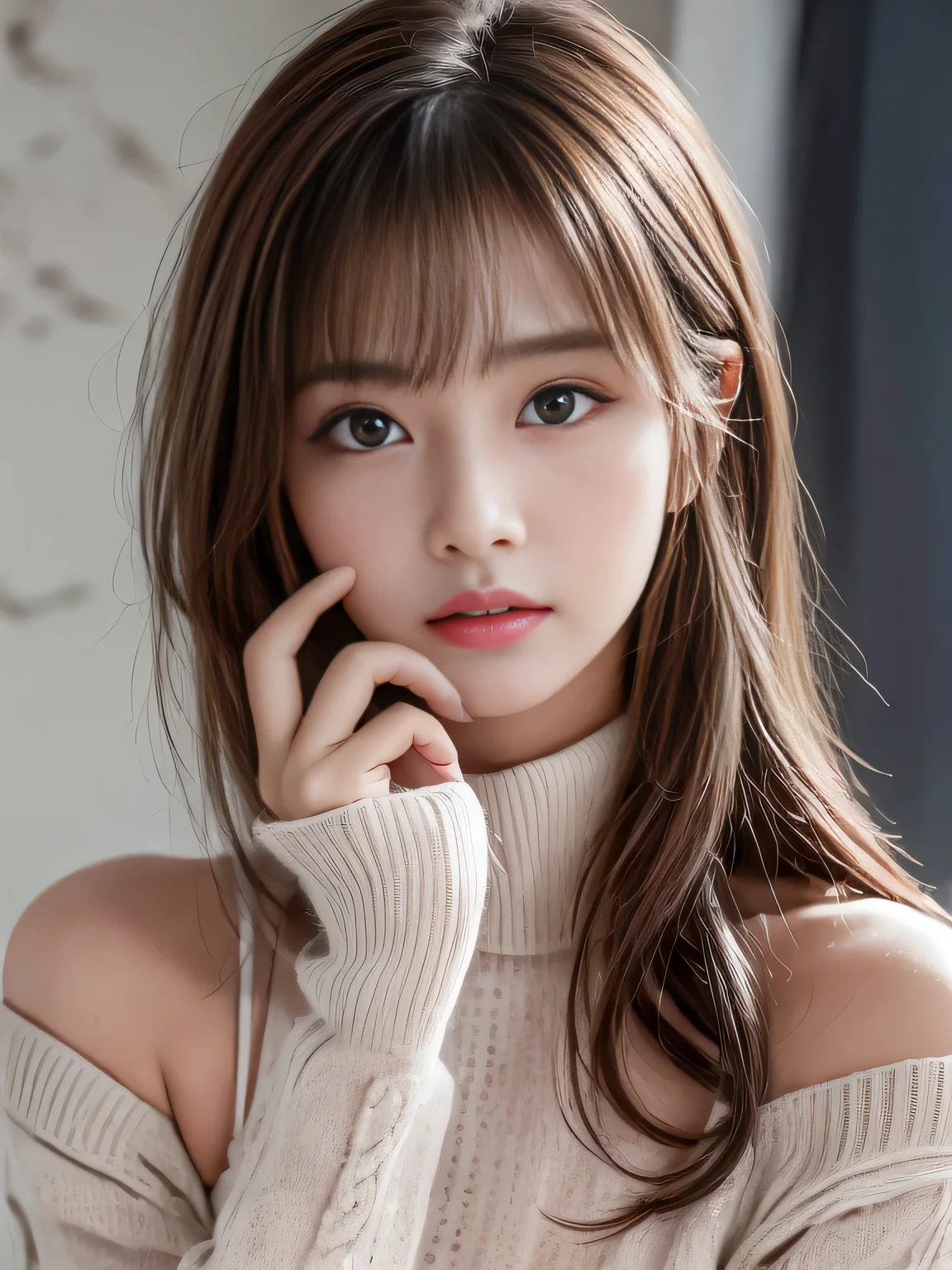 Ultra High Definition, Superior Quality, Premier Quality, ultra detailed, Photorealistic, 8k, RAW Photos, highest quality, masterpiece, Ash hair color, Shoulder Length Layered, asymmetrical bangs, (index finger to lips:1.2), K-pop Idol, Sophisticated girl, In front of mortar wall, turtleneck knitwear, Cowboy Shot,