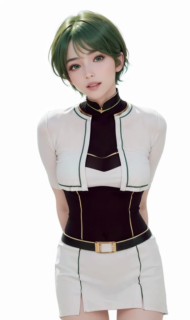 A busty age girl with short black hair with white highlights and green eyes made in the style of the anime Boku no Hero Academia