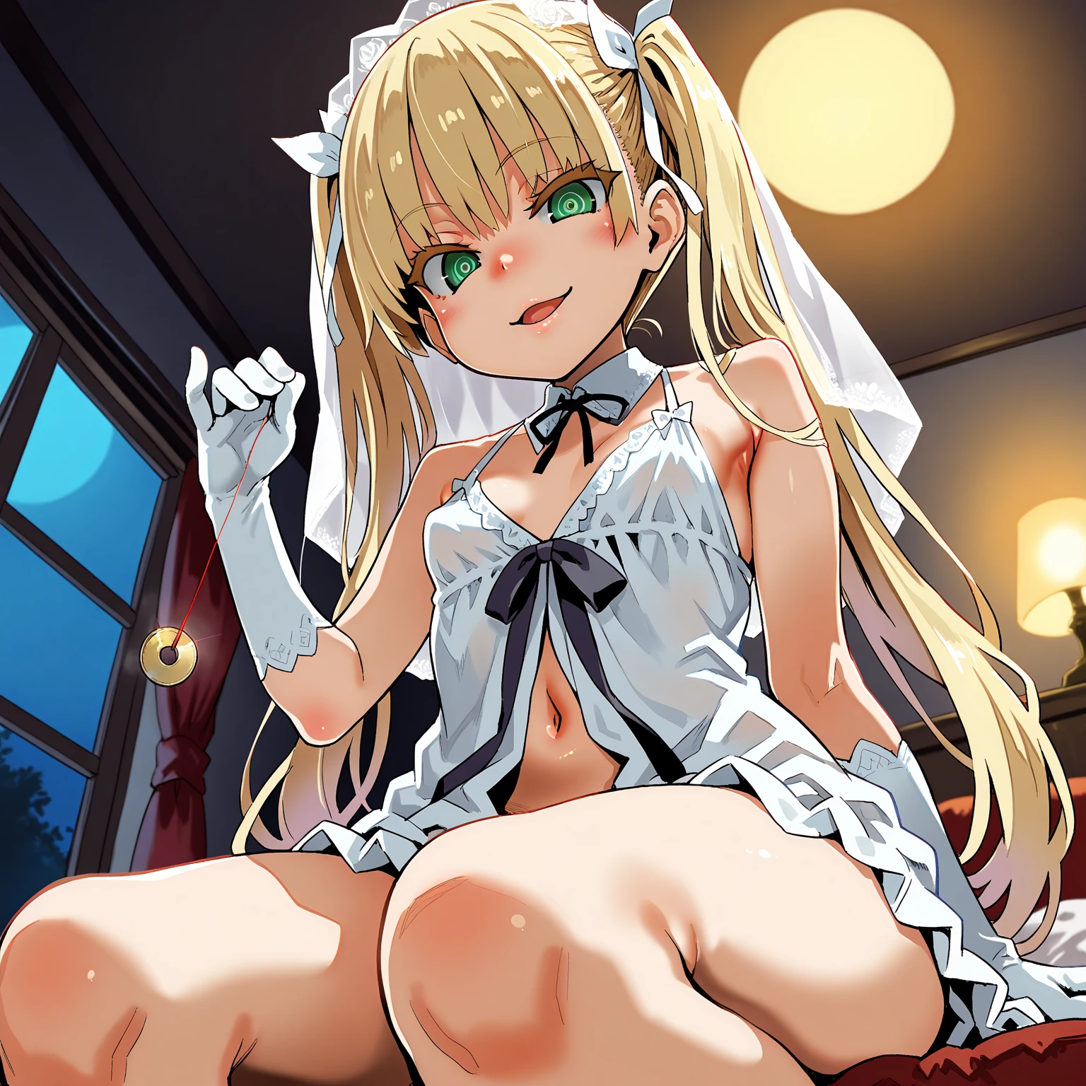 maid apron, Bedroom, from above,sexy garter belt, straddling, sexypose, on the bed, drunken eyes, in heat, glowing skin, heart shaped pupils, open mouth, smile, through the nipples, (((pussy line))), excessive cum, collar, cumdump, glowing pubic_tattoo, creampie, spread legs, (((excessive cum))), intercourse with a man, vaginal penis