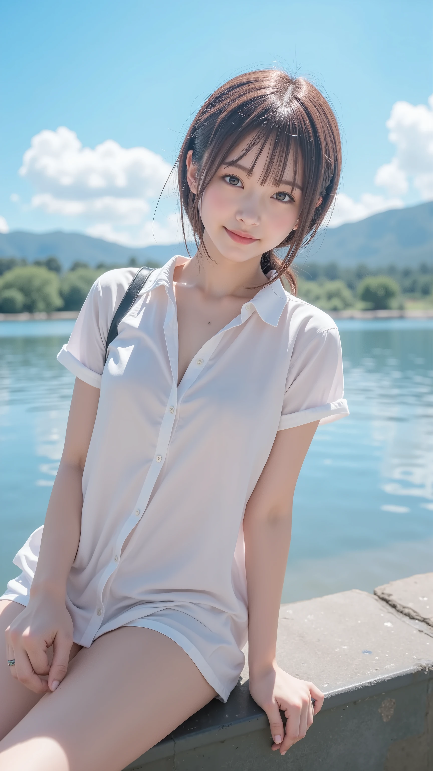 (anime background), woman, small breasts, open chest, show off panties, ((Clothing that emphasizes the shape of your chest)), (blush), (spread legs, raise your legs), open your mouth, (Detail You can see wet panties), (climb and straddle、Pressing her wet crotch against the ground), ((ecstasy face)), Last, ((masturbate)), downtown, garden, a place with a lot of people, null, droopy eyes, sleepy,Sweat
