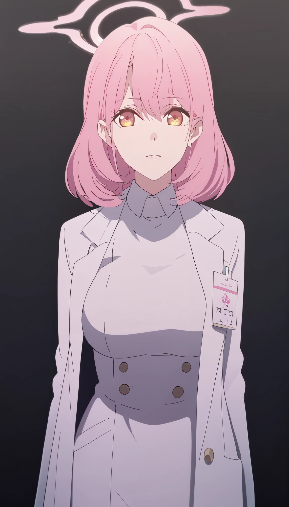 masterpiece, best quality, solo, 1girl, mature, pink hair, medium hair, orange eye, pink halo, medium breast, white pharmacist coat, standing, looking at viewer, calm, composed, black background only
