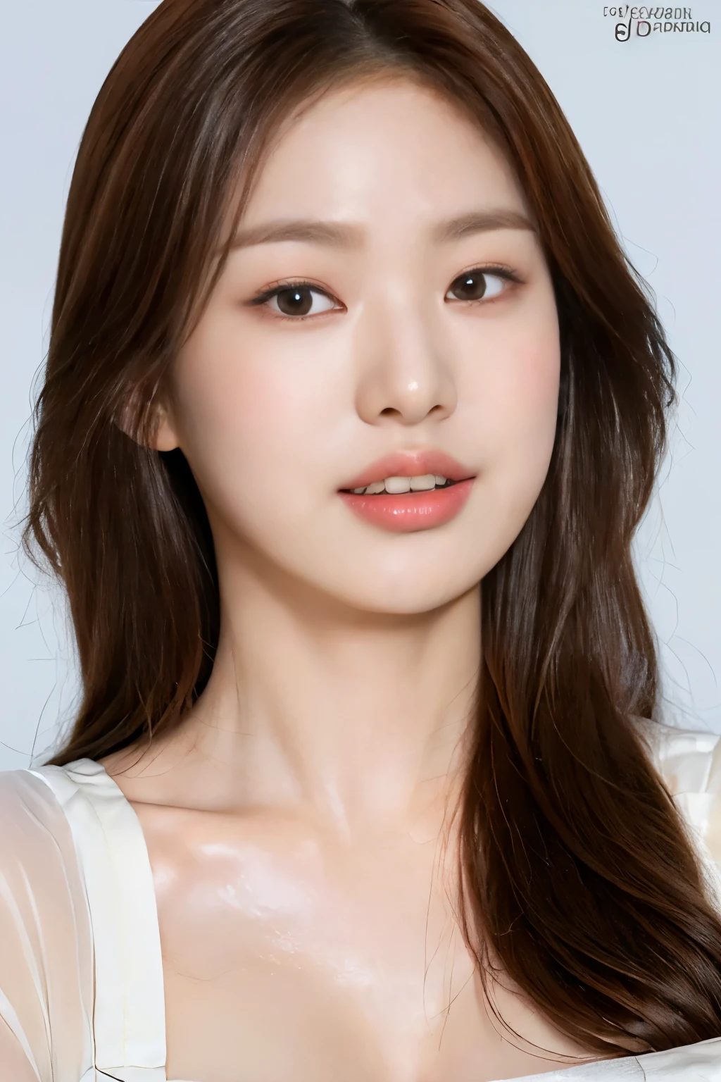1 woman, white background, (Highly detailed body, very detailed face, top quality:1.4), (25 year old woman), looking at viewer, A smile with visible teeth, I can't see her hands, (very long layered hair:1.2), (Her thighs are very beautiful:1.3), (8 thousand:1.5), (Lovely pajamas:1.3), (skin glow:1.3), (huge breasts:1.3), The Most Beautiful Women in Korea, beautiful bridge,