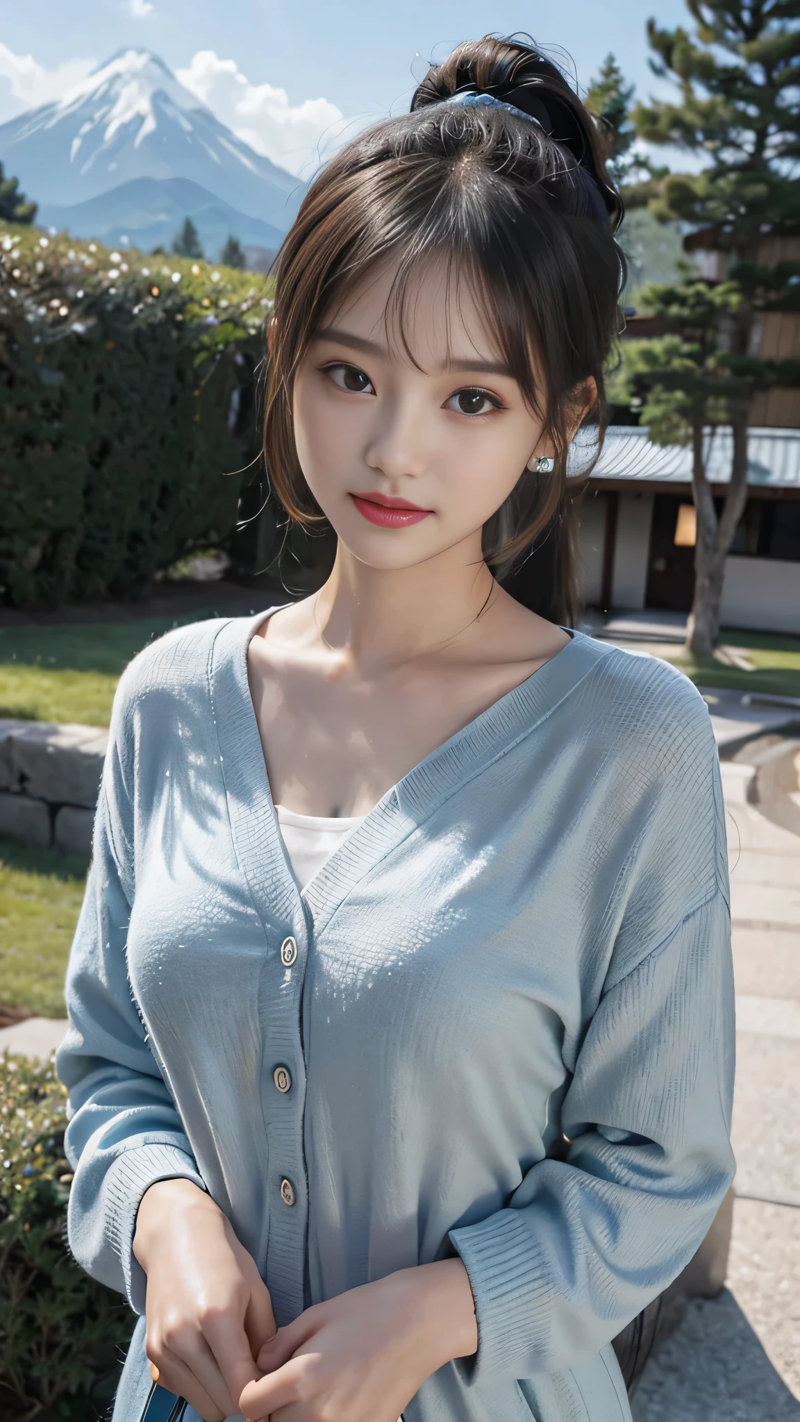 25-year-old Caucasian woman、dark blonde、blue eyes、long hair、setting hair、Her hair is loosely braided and falls over her shoulders.、smile、accessories on the wrist、Slender but well-proportioned muscular body、smile、big chest、Wearing a dress、wearing a cardigan over a dress、I'm wearing a loose-fitting skirt、smile、be tall、wearing sandals、I'm shopping at a nearby supermarket.、Pushing cart