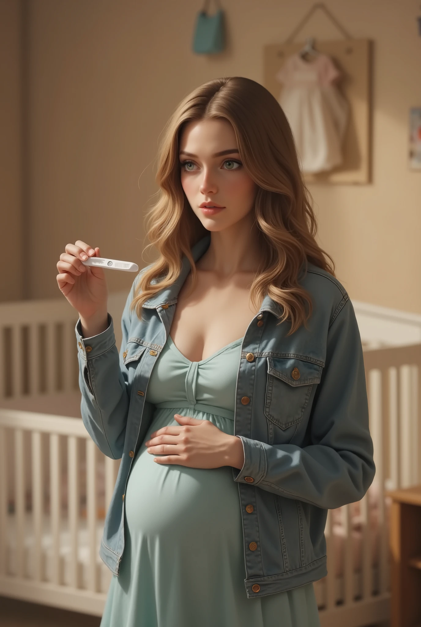 20 year old woman, long wavy light brown hair, green eyes, she is wearing a baby blue dress with a denim jacket, she holds a pregnancy test with one hand and the other hand is on her belly, she is looking straight ahead, the background is a baby room in beige and brown tones.