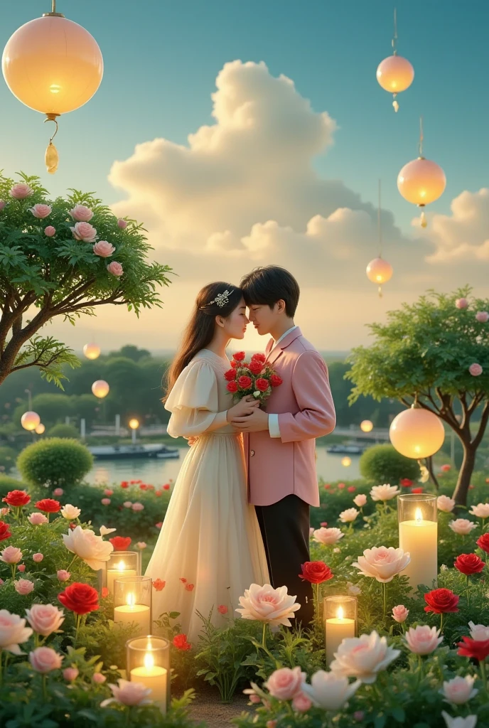 一对情侣在迷人的garden中心跳浪漫的舞蹈. The scene is illuminated by floating candles and lanterns , projects a warm , Gently. garden , From the delicate petals of flowers to the verdant leaves , The intricate details are presented in amazing 8K resolution . The couple, Immerse yourself in your arms , Exudes deep love and connection . The atmosphere is full of magical magic , The soft light and serene beauty of the surroundings brightens up the surrounding environment