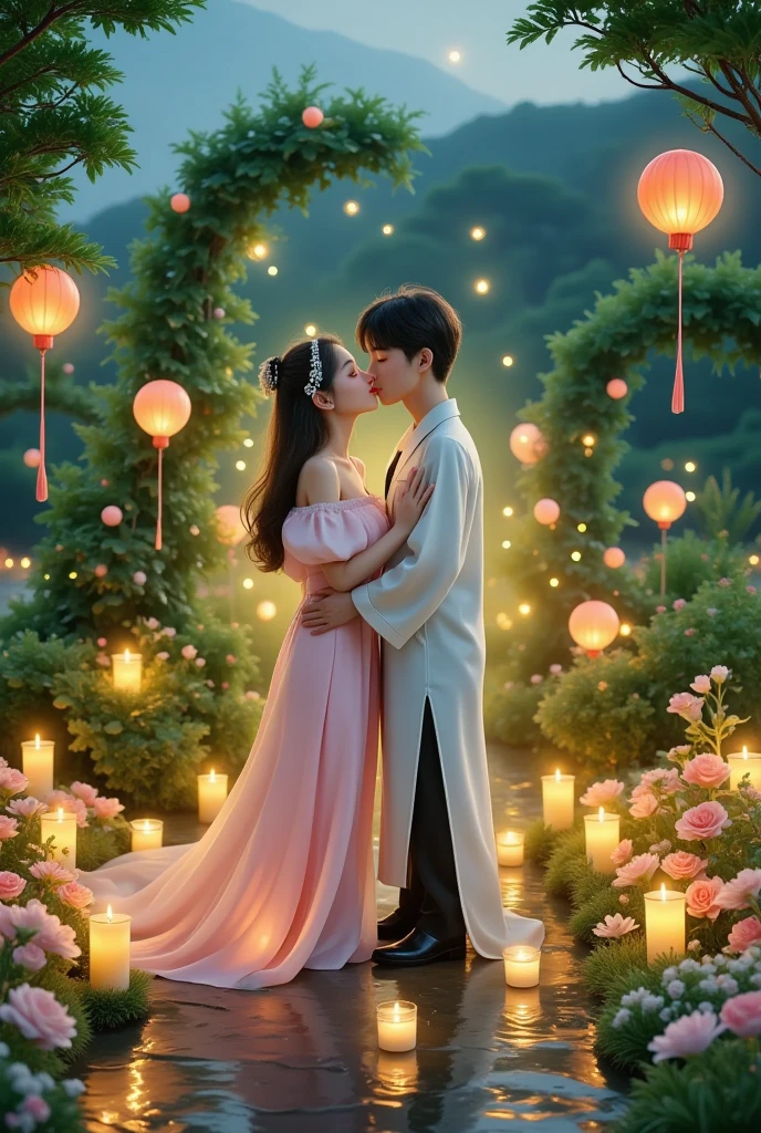 一对情侣在迷人的garden中心跳浪漫的舞蹈. The scene is illuminated by floating candles and lanterns , projects a warm , Gently. garden , From the delicate petals of flowers to the verdant leaves , The intricate details are presented in amazing 8K resolution . The couple, Immerse yourself in your arms , Exudes deep love and connection . The atmosphere is full of magical magic , The soft light and serene beauty of the surroundings brightens up the surrounding environment
