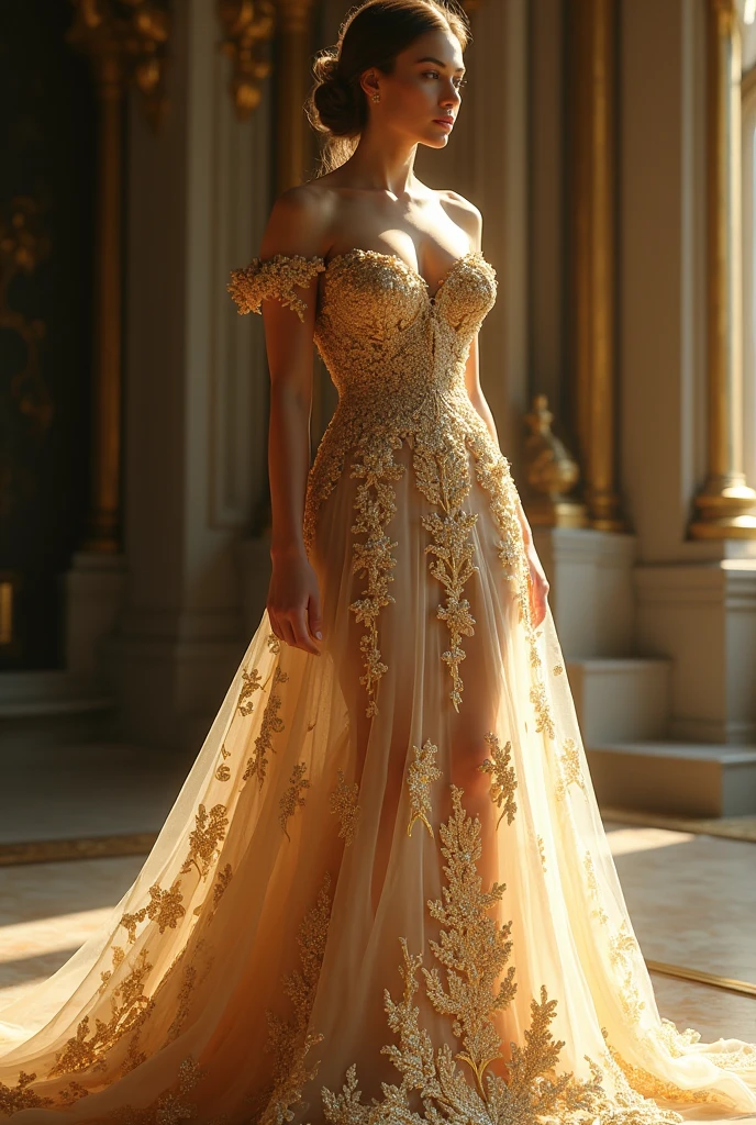 wrenchjadeluxe, gown ((1 girl, Elegant posture)), Natural leg proportions, Visible cleavage, masterpiece, (best quality, 4K, 8K, high resolution, masterpiece:1.2), Extremely detailed, (Practical, photoPractical, photo-Practical:1.37), Official Art, CG, Anatomically correct, Random Scenes, Random shooting angle, Movie, photography, Intricate background, Soft lighting, Subtle shadows, Vibrant colors, Expressive eyes, Beautiful, high class boutique, Ambience, A moment of honesty, Natural expression, Detailed texture, Fine details, Refined and elegant, Exquisite style, Artistic Composition, Beautifully presented.