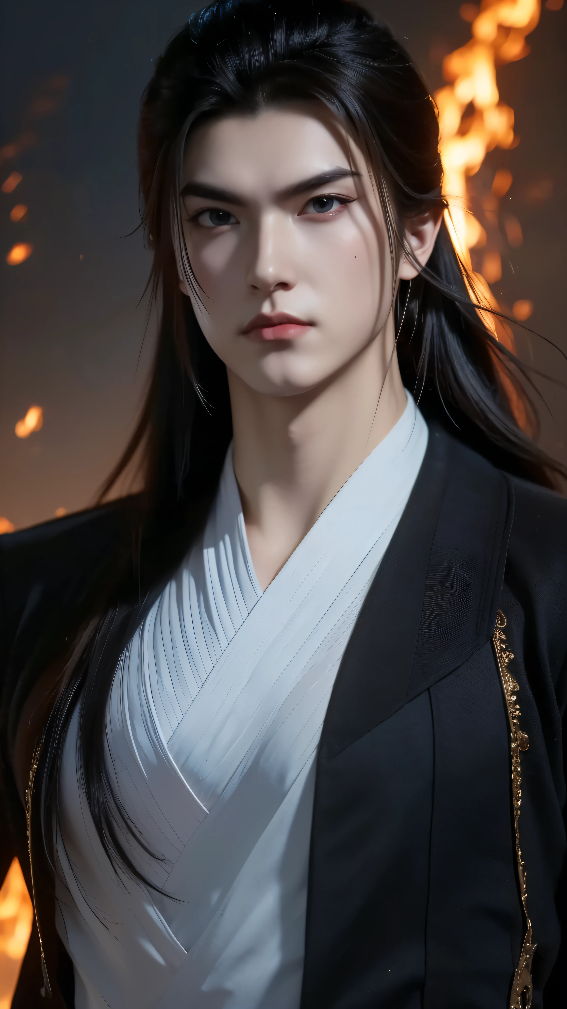 Vuong Lam's portrait is beautiful, emotionless, exuding a cold, majestic temperament tinged with loneliness. His deep, piercing blue eyes looked at his opponents, reflecting his perseverance and an incomprehensible inner world, shaped by countless trials. His handsome, sharp face exudes determination and intelligence. His flowing red hair in the ancient Tien Hiep style further enhances his elegant appearance. He wears an exquisite period costume, battle scars - blood on his face and pale lips - mark his recent struggle.The image is a dynamic, digital artwork featuring a stylized figure with exaggerated, muscular humanoid form. The central figure is cloaked in dark tones, providing a silhouette-like appearance against the fiery background. The figure's pose suggests motion and power, with outstretched arms and a defiant stance that gives the impression of confident action or thunderous arrival.
The background bursts with vibrant red flames.
