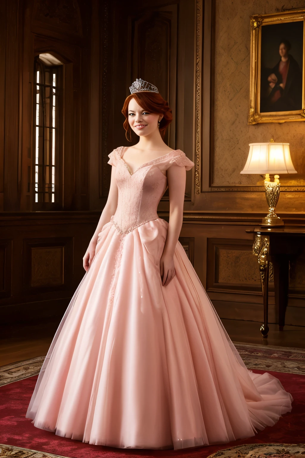 Imagine Emma Stone as a fairy tale princess, dressed in a stunning blush pink gown adorned with sparkling embellishments. Her voluminous, ruffled tulle skirt flows elegantly, and she wears a delicate silver tiara that enhances her regal aura. Set against a whimsical backdrop of castle towers and soft, magical lighting, she embodies enchantment and grace, full body, high heels, princess crown, red hair, standing in a castle, ultra realistic