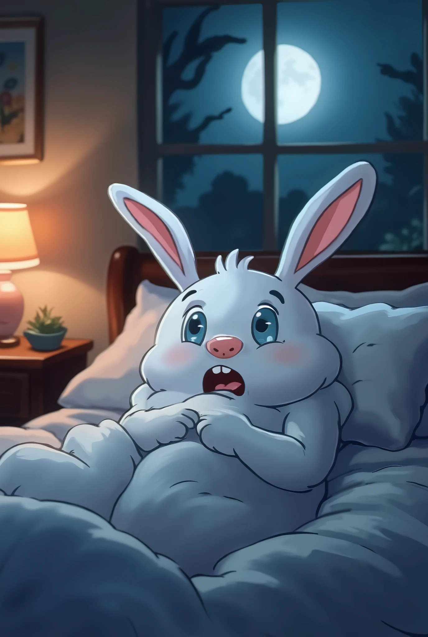 A cute white cartoon-style bunny with big, shiny eyes and a scared expression, lying in a soft, cozy bed. It's wrapped up in a warm, fluffy blanket up to its neck, with its ears peeking out. The scene shows a full view of the bed and the entire bedroom, creating a detailed and immersive atmosphere. The lighting is dim, with pastel or warm tones, enhancing the feeling of nighttime. The background includes a nightstand with a small lamp casting a faint glow, a window revealing the moonlit night, and subtle details that add depth to the cozy yet eerie ambiance