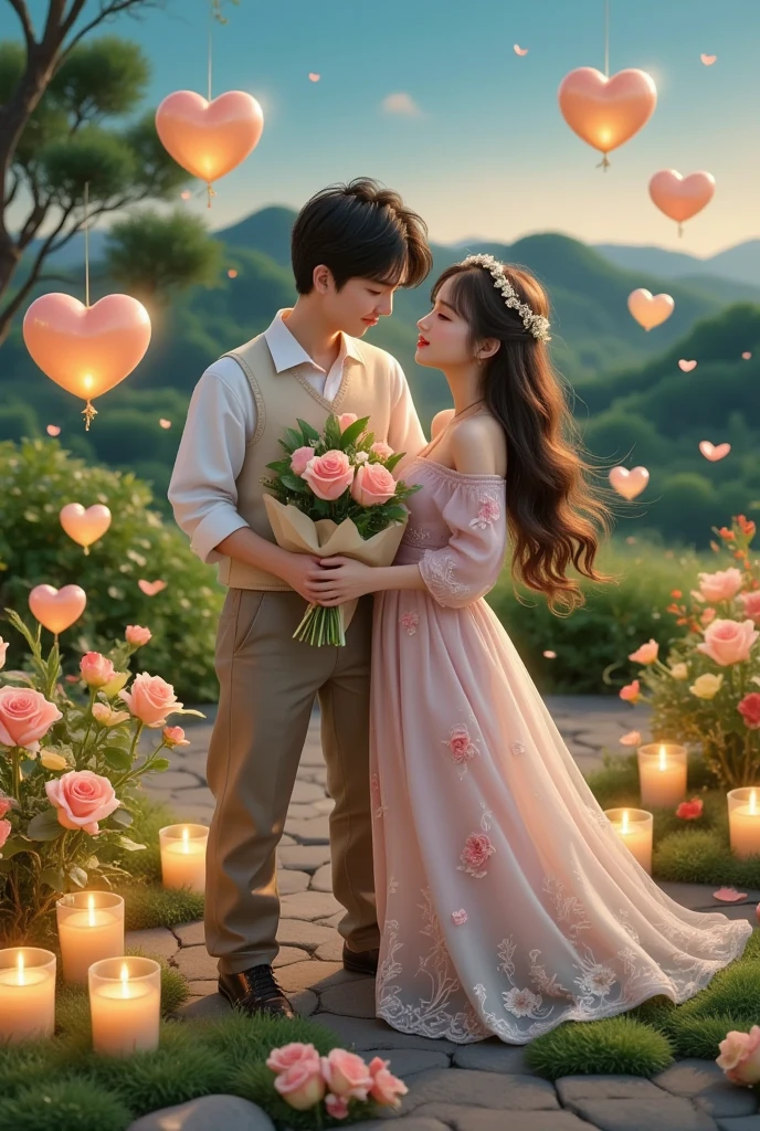 一对情侣在迷人的garden中心跳浪漫的舞蹈. The scene is illuminated by floating candles and lanterns , projects a warm , Gently. garden , From the delicate petals of flowers to the verdant leaves , The intricate details are presented in amazing 8K resolution . The couple, Immerse yourself in your arms , Exudes deep love and connection . The atmosphere is full of magical magic , The soft light and serene beauty of the surroundings brightens up the surrounding environment