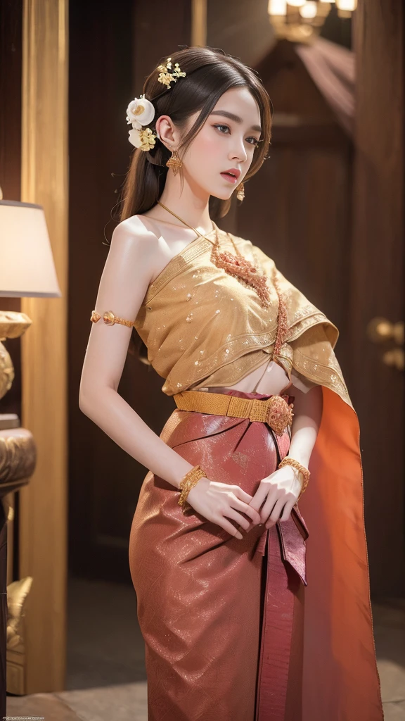 (RAW photos:1.2), (realistic:1.4), (Masterpiece:1.3), (best quality:1.4), Ultra high resolution, (Detailed eyes), (Detailed facial features), (Detailed clothing features), HDR, 8K resolution, focus only, Dressing according to Thai tradition, Traditional shawl , 1 woman , big breasts, A gigantic rift, big breastsดันเสื้อผ้า, big breast, Your breasts will grow to their full size...., Make your breasts bigger.., small waist, Long legs, Facing the audience, full body, depth of field, Cinema-grade lighting system, big breasts, Too big for your body, Revealing a flat stomach, The lower half of the chest can be seen...., Sexy sitting posture, Pictures from eye-catching angles, Correct picture composition, The picture is complete..,