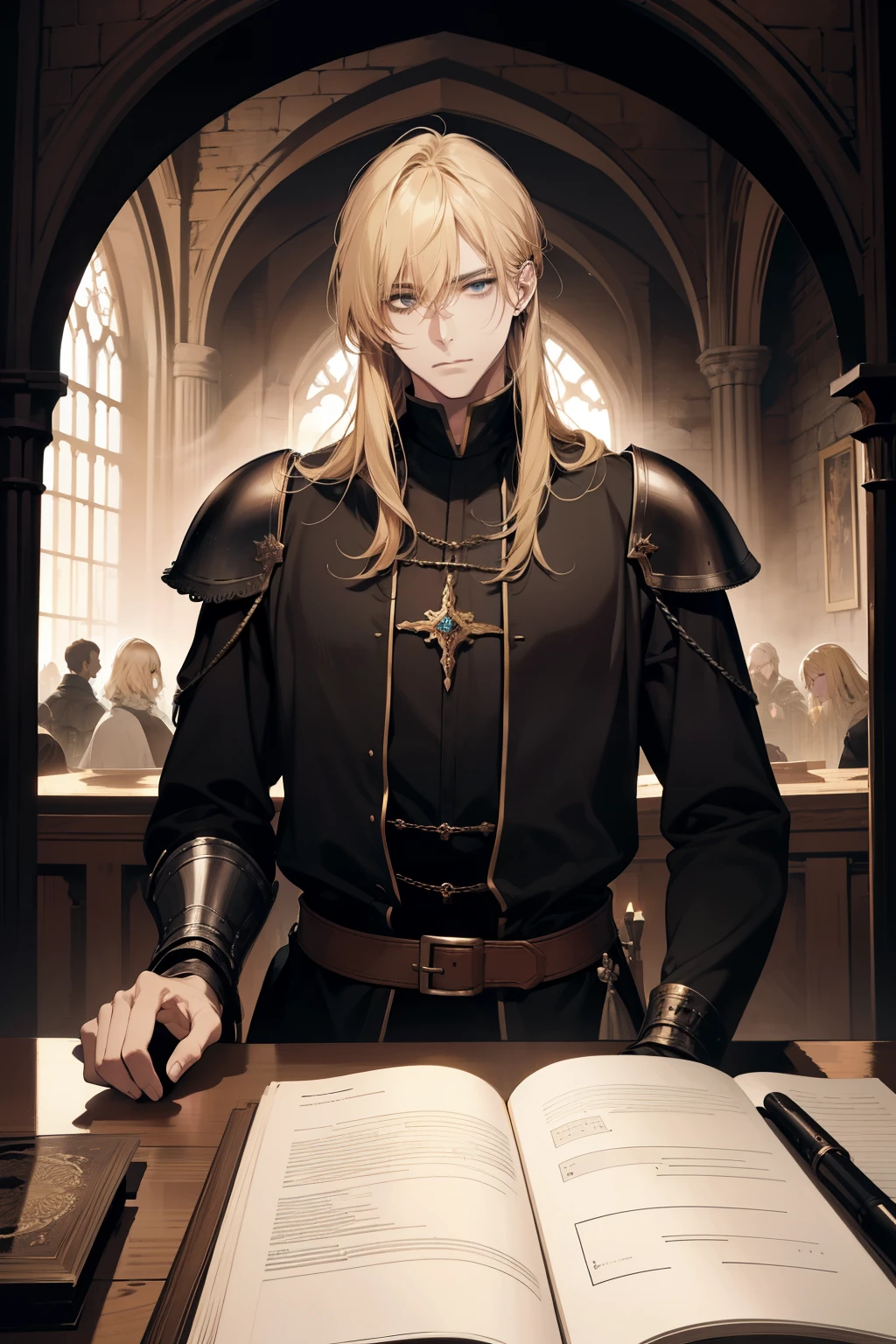 1 man, adult, blond hair with bangs, Principle, black clothes, beautiful, Calm, beautiful, Condescending, thin body, in a castle, MEDIEVAL FANTASY