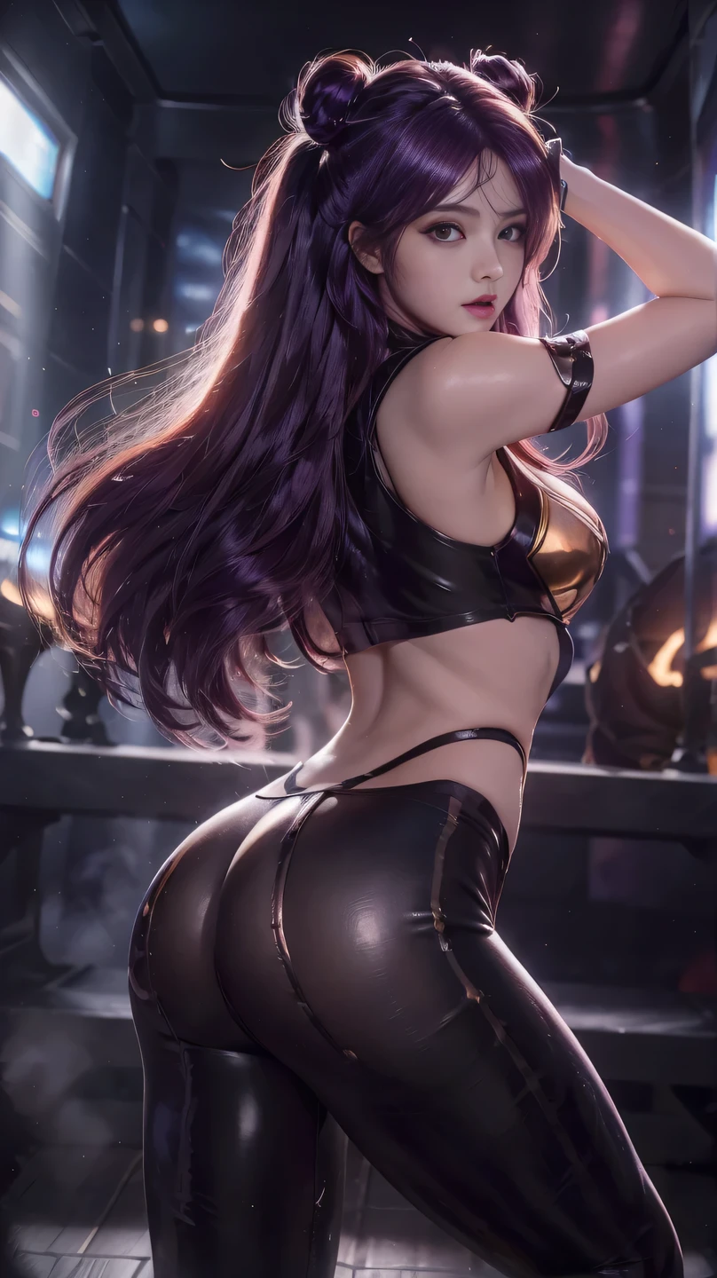 Portrait of a goth girl from behind, ass shot, ass on display, huge ass, anime goth girl, smooth soft skin, Fantastic Big Eyes, beautiful hair, Symmetrical, defined abs, muscular, anime wide eyes, Beautiful eyes, Soft lighting, Detailed face, latex clothes, By Makoto Shinkai, Stanley Ateg Liu, Phlegm sputum, phlegm, rossdraws, concept-art, Digital painting, looking at the camera in, 1girll，full bodyesbian，Raised sexy, massive tits, muscular, defined abs
