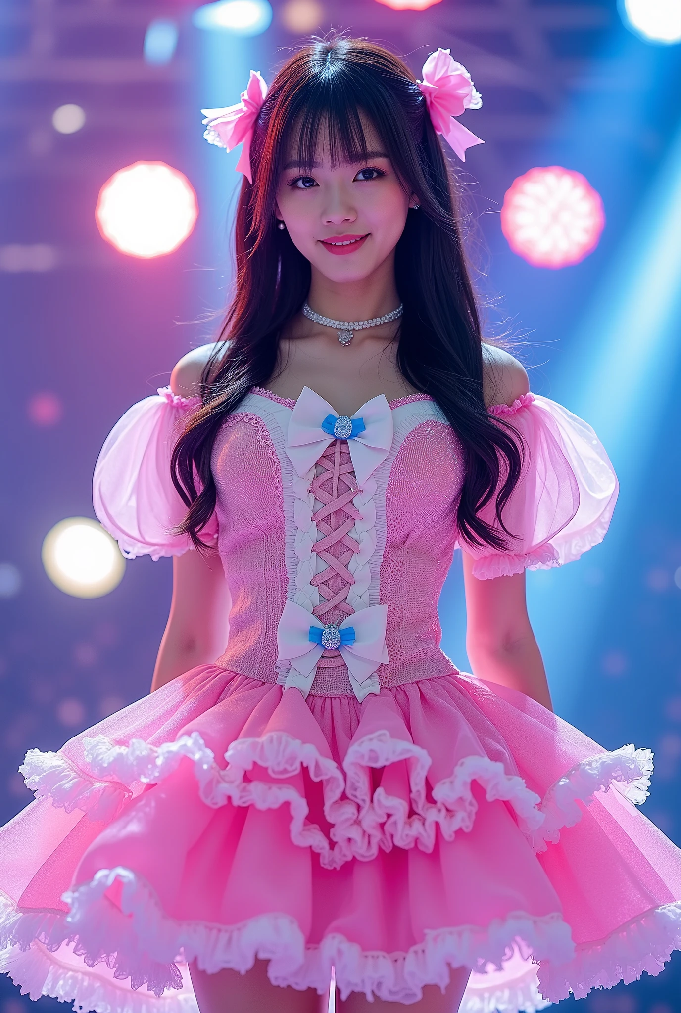 Create a highly detailed, realistic image of a young woman with long, dark hair styled with two small pink bows on either side. She is wearing a vibrant and transparent shinning glossy pink short dress that has a layered, frilly design with white ruffled edges on the sleeves and neckline. The dress has intricate lace-up details on the front, with white ribbons crisscrossing over the bodice. A large, white bow is tied around her waist, and the skirt is layered with multiple ruffles, alternating between white and pink frills. The upper part of the dress has a mix of white and blue accents, especially around the shoulders, giving it a lively, idol-like appearance. The girl’s expression is cheerful and playful, with a radiant smile, captured both in performance and posing with a slightly pensive look. Ensure that her outfit appears shiny and glossy, reflecting stage lights, and incorporate a vivid, performance-like atmosphere in the background. Some Lights shooting around, she hold microphone,