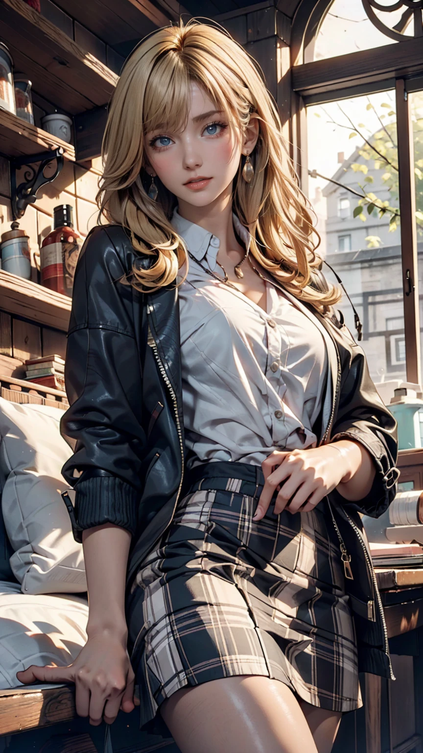 Cinematic portrait photography、Dark theme、octan render、8K、lifelike textures、1girl in、30-years old、A MILF, Calm、Calm、(Eye for realistic details、Realistic skin texture、Realistic face details)、Soft dramatic lighting、depth of fields、bokeh dof、vibrant detail、finely detail、Surreal、100mm film、Hazy blur、filmg、a blond、verd s eyes、Seductive smile, Cowgirl costume, cowboy boots, fringe trim, vests, Tied shirt, low-leg, Midriff, holster, bandana, Glass on the counter, Messy Bar Counter, Wooden wall, poster for、