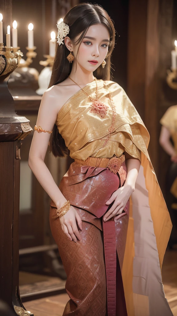 (raw photos:1.2), (realistic:1.4), (Masterpiece:1.3), (best quality:1.4), Ultra high resolution, (Detailed eyes), (Detailed facial features), (Detailed clothing features), HDR, 8K resolution, Focus only, Dressing according to Thai tradition, Traditional shawl , 1 woman , big breasts, A gigantic rift, big breastsดันเสื้อผ้า, big breast, Breasts are fully grown., Make your breasts bigger.., small waist, Long legs, Facing the audience, Full body, depth of field, Cinema-grade lighting system, big breasts, too big for your body, Showing a flat stomach,