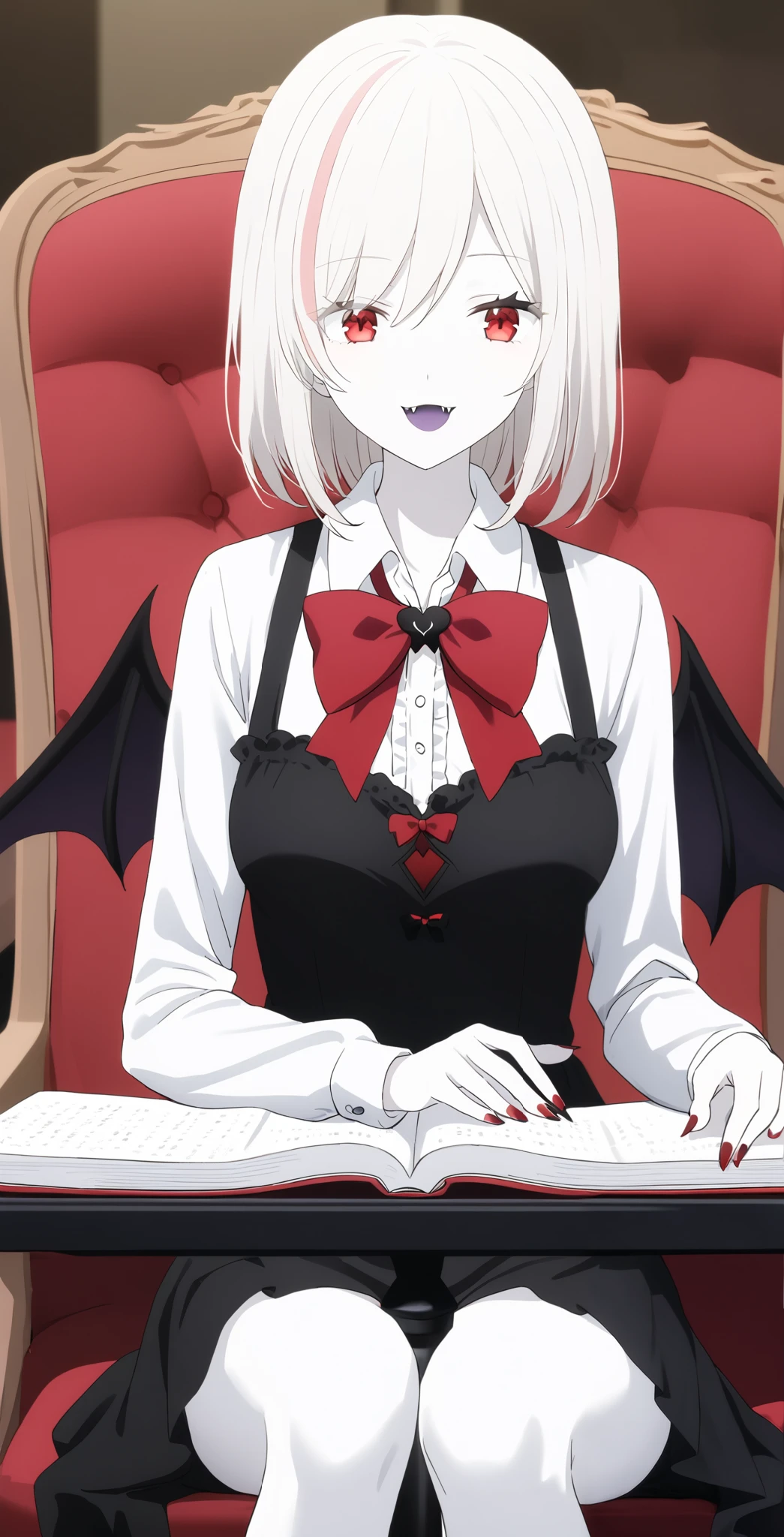 score_9, score_8_up, score_7_up, source_Anime, High precision, Anna, 1 girl, Alone, red eyes, bow,vampireのドレス,black white dress ,collared , red bow, medium hair , bowtie, bangs, Pure white hair,, upper body, pure white and pale skin,I have sharp, sharp fangs,Purple tongue,vampire城,全身 pure white and pale skin, pure white hair,Red nails,Extremely sharp nails ,,vampire,vampire化小早川杏奈,Fingers5Books, bat wings grow from the spine,pure white and pale hair,smile,machine, sitting on a chair,Clever girl ,Over FSIQ 500 ,瞳孔がvampire, Excellent motor skills ,Good looking,Only one part of the hair is red,cunning,vampireの瞳孔