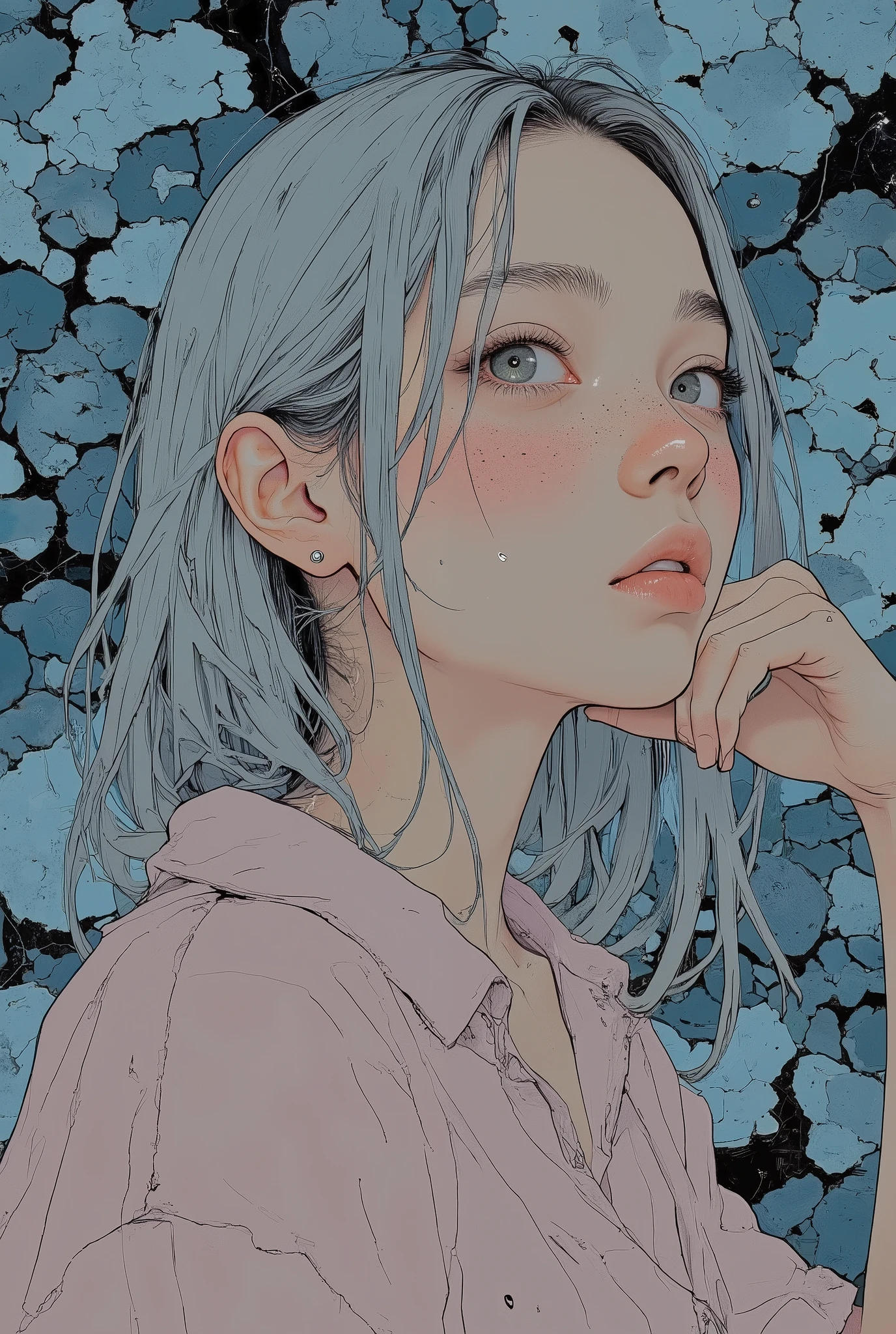 Very detailed, high quality, synogic style, illustration of a girl with a melancholic expression, resting her chin on her hand,The abundance of negative space and the emphasis on spatial awareness, lyrical atmosphere, delicate and precise strokes, neo-expressionism, soft silver medium length hair, dull pink off-shoulder blouse, wearing pierced earrings, The background is a pattern of intricately cracked blue rocks.., masterpiece