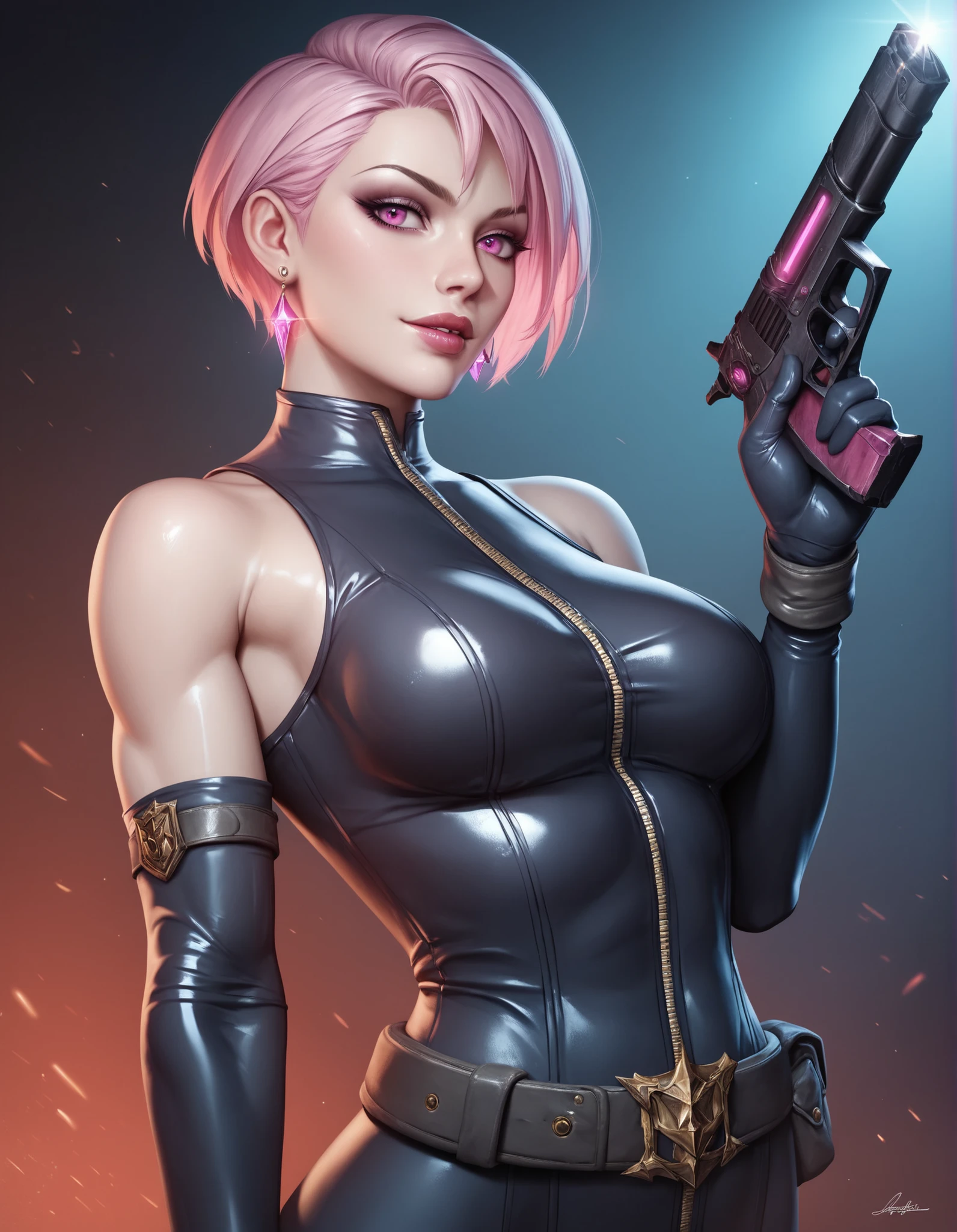 A close up of a woman in a black outfit holding a gun - SeaArt AI