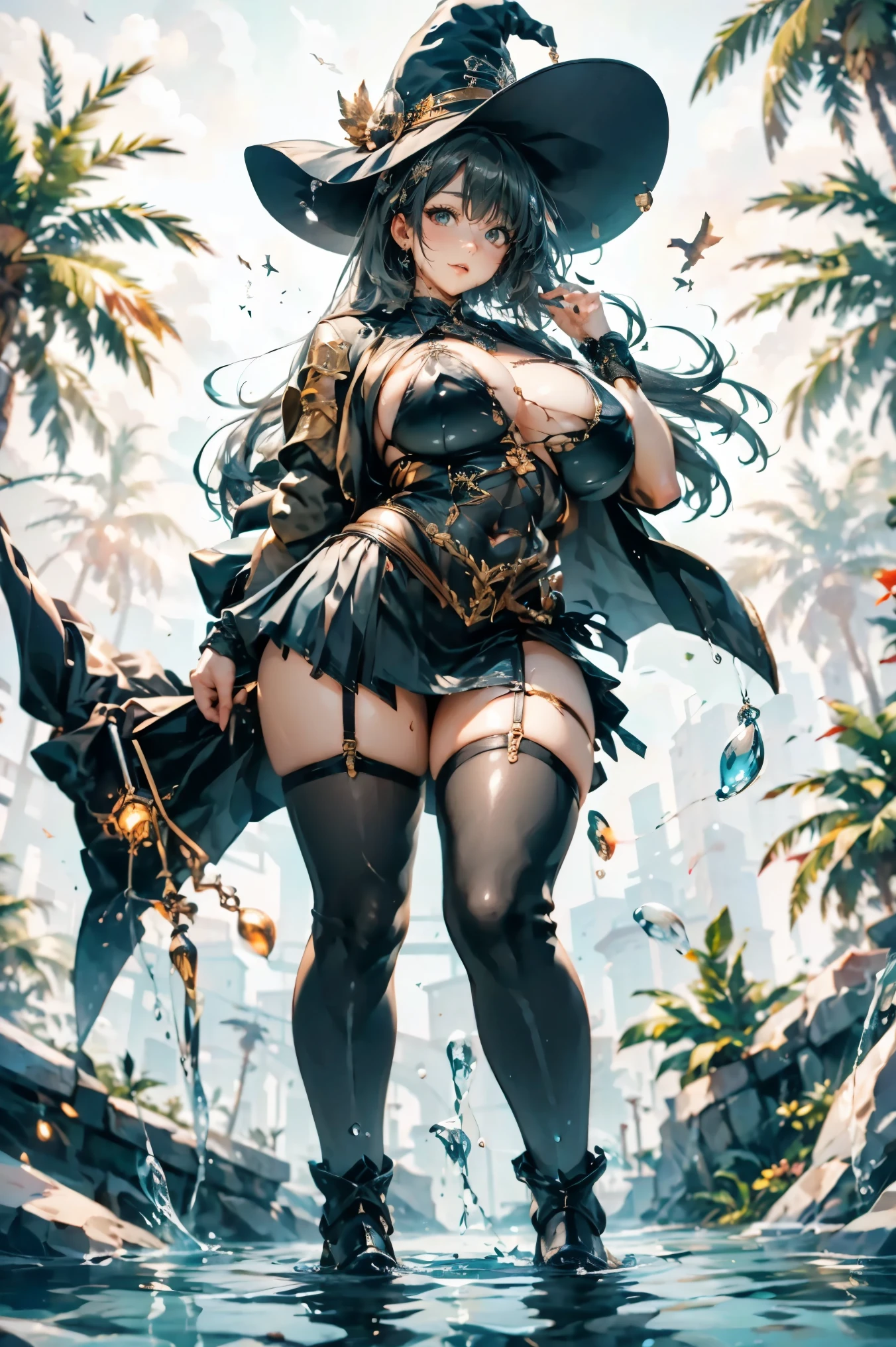 Gorgeous, mysterious, high resolution, dynamic, delicate, high precision, sexy costume, jacket, miniskirt, black skirt, see-through tights, combat uniform, steam, high heels, sexy girl, long hair, silver hair, armor, long hair, fat, obscene body, obscene breasts, glamorous, bondage, sexy pose, water splash, wizard, fantastic water magic, transparent skin, medieval, witch, dress, esper