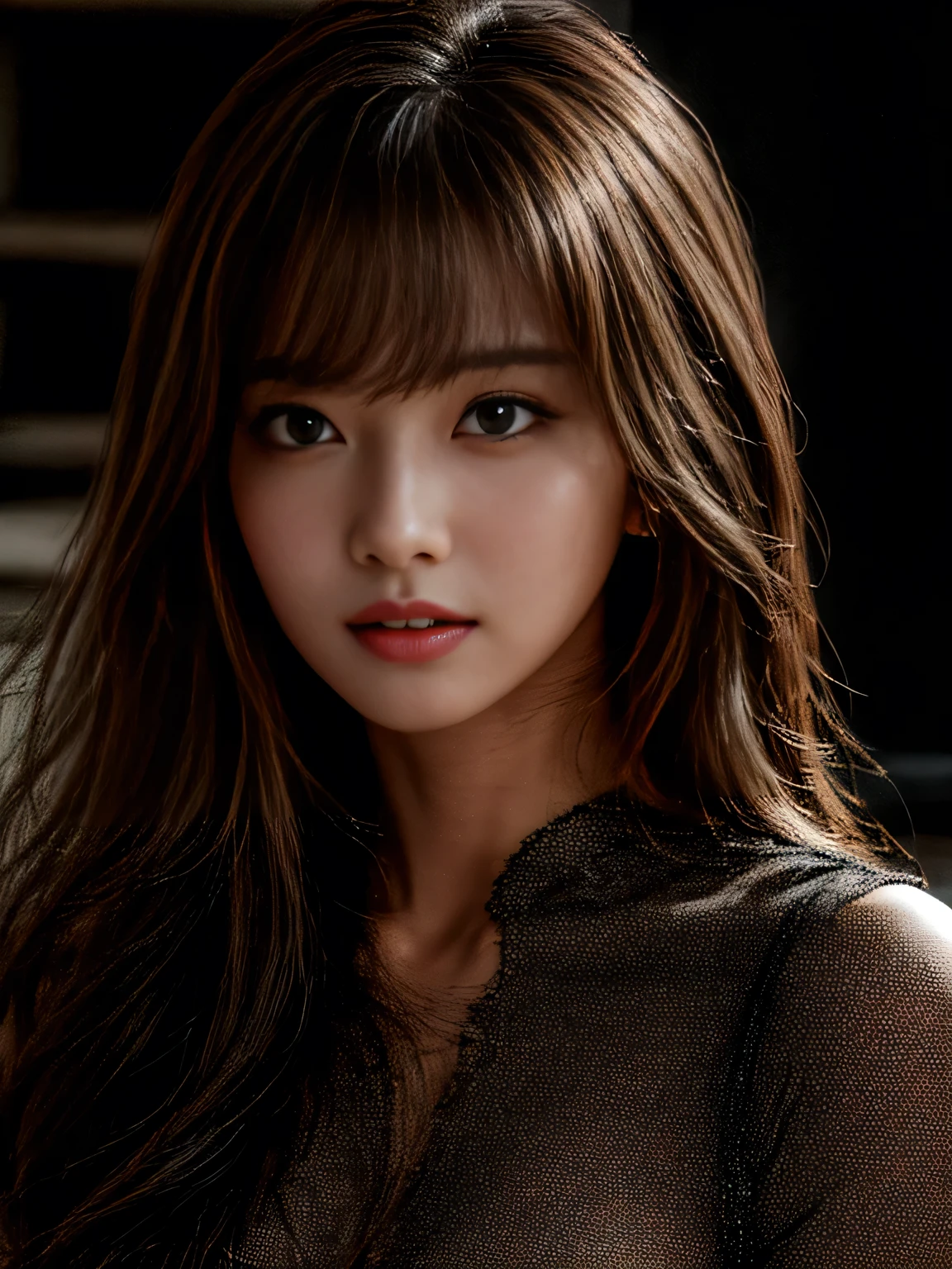 Ultra High Definition, Superior Quality, Premier Quality, ultra detailed, Photorealistic, 8k, RAW Photos, highest quality, masterpiece, Ash hair color, medium hair, asymmetrical bangs, (Seductive smile:1.2), K-pop Idol, Sophisticated girl, In front of mortar wall, dress shirt, Cowboy Shot,