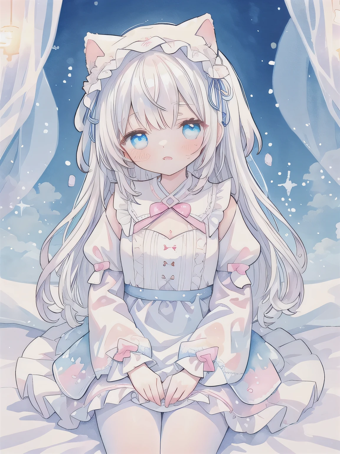 Cute: 1.2, cute eyes: 1.2, gentle: 1.2, blushing, mouth slightly open ((Masterpiece, details: 1.2)) white hair, straight bangs, long hair, blue eyes, slightly curled hair, wearing a lavender lace dress, long sleeves, transparent puff sleeves, headdress with light blue and pink gradient bow, half asleep, cute, white stockings (Lori: 1.5) background_details: (The girl is lying on her side on the clouds: 1.3) Painting (middle), traditional media, light blue light and shadow, (bokeh hazy romantic watercolor: 1.4), (bokeh hazy: 1.3), aesthetic atmosphere, dreamy elements