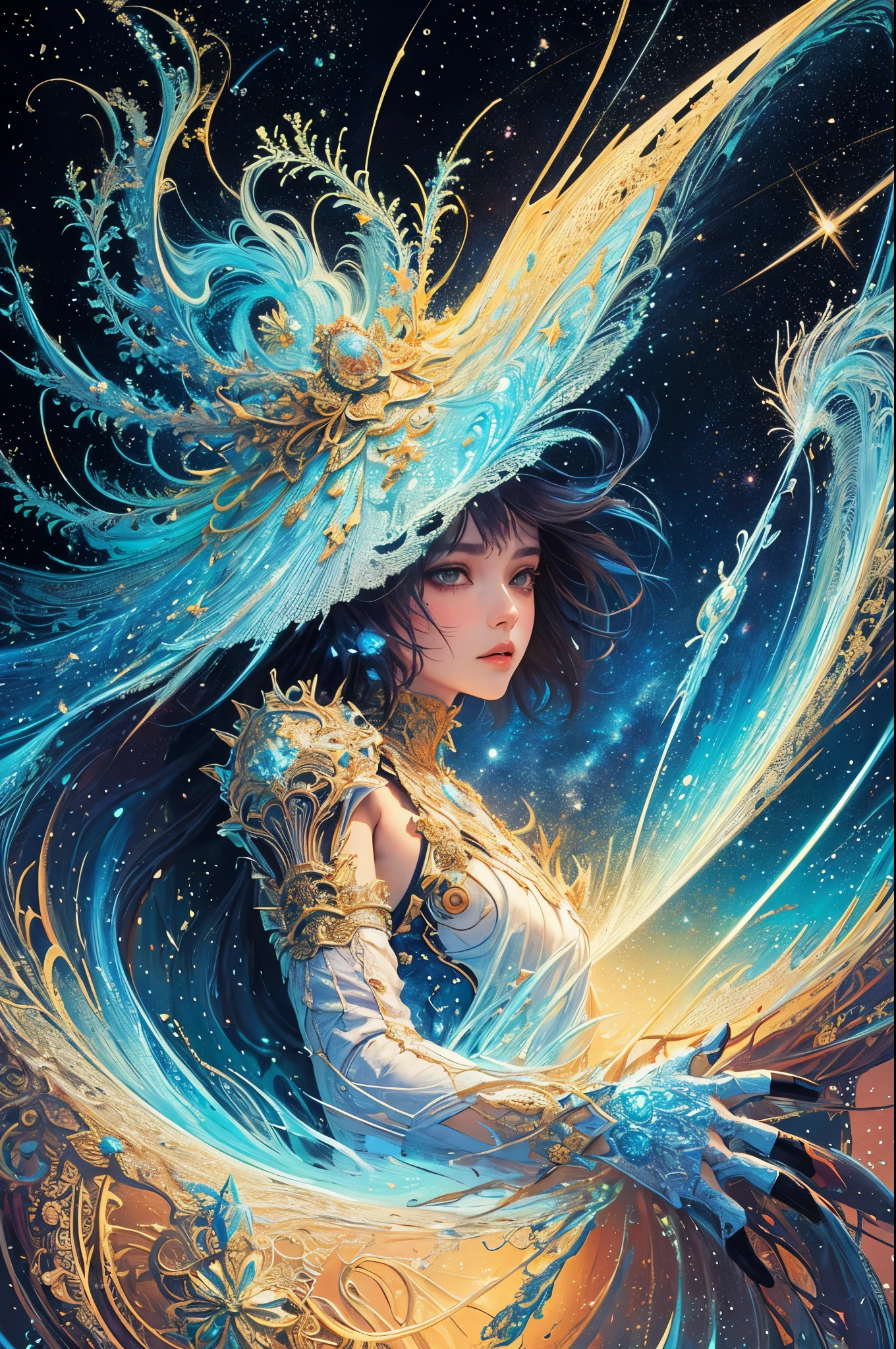 woman in hat an ultra hd detailed painting, digital art, Jean-Baptiste Monge style, bright, beautiful, splash, Glittering, cute and adorable, filigree, rim lighting, lights, extremely, magic, surreal, fantasy, digital art, wlop, artgerm and james jean, Broken Glass effect, no background, stunning, something that even doesn't exist, mythical being, energy, molecular, textures, iridescent and luminescent scales, breathtaking beauty, pure perfection, divine presence, unforgettable, impressive, breathtaking beauty, Volumetric light, auras, rays, vivid colors reflects