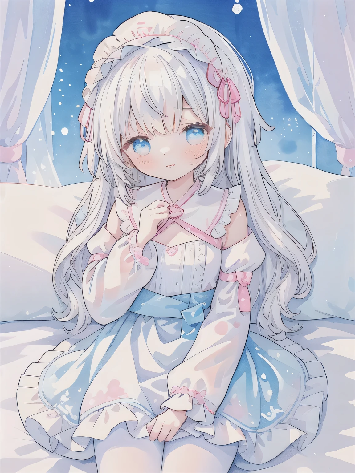 Cute: 1.2, cute eyes: 1.2, soft: 1.2, blushing, mouth slightly open ((Masterpiece, details: 1.2)) white hair, straight bangs, long hair, blue eyes, slightly curled hair, wearing a lavender lace dress, long sleeves, transparent puff sleeves, headdress with light blue and pink gradient bow, cute, shallow smile, white stockings (: 1.5) background_details: (The girl is lying on her side on the clouds: 1.3) Painting (middle), traditional media, light blue light and shadow, (bokeh hazy romantic watercolor: 1.4), (bokeh hazy: 1.3), aesthetic atmosphere, dreamy elements