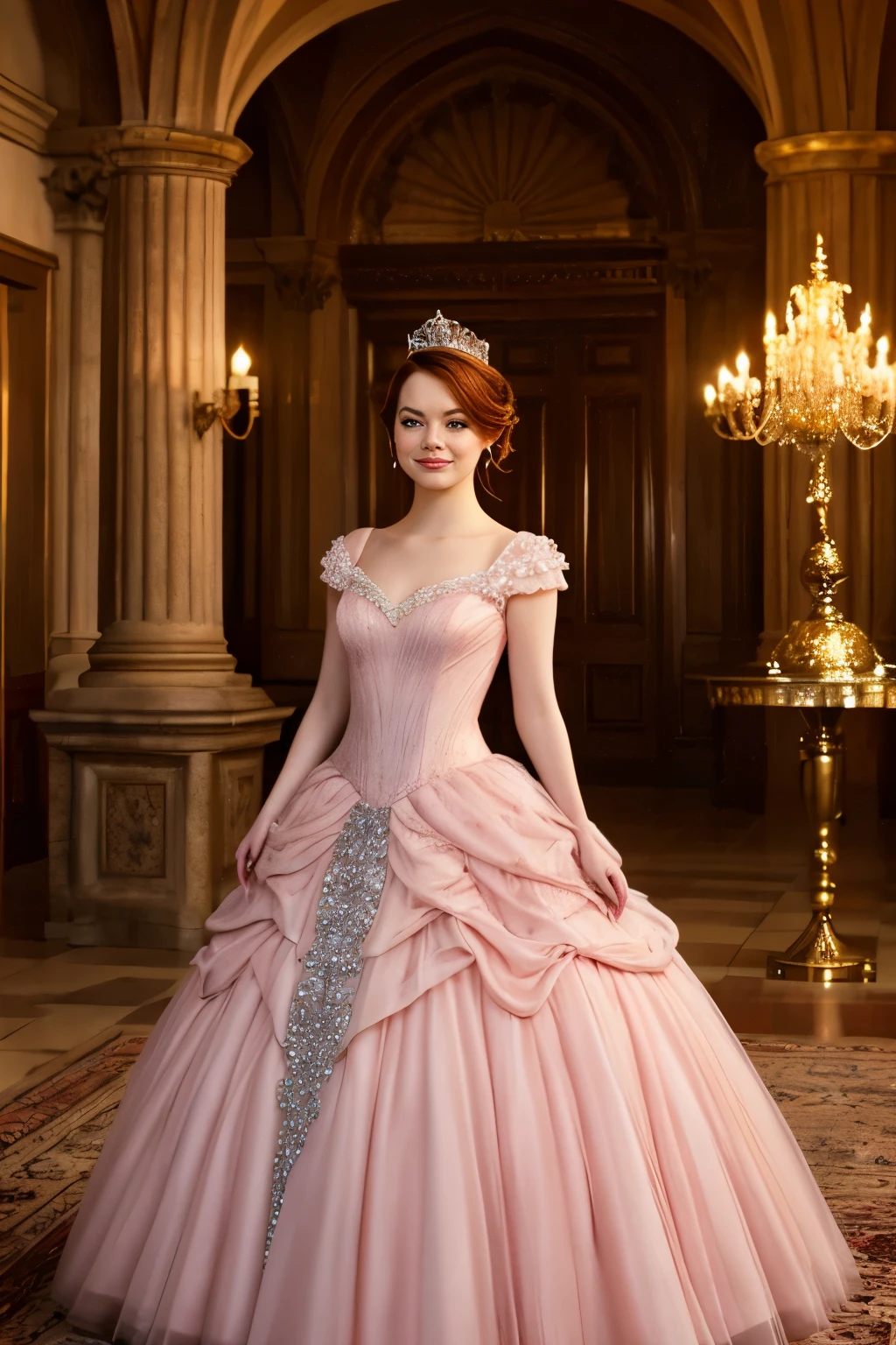 Imagine Emma Stone as a fairy tale princess, dressed in a stunning blush pink gown adorned with sparkling embellishments. Her voluminous, ruffled tulle skirt flows elegantly, and she wears a delicate silver tiara that enhances her regal aura. Set against a whimsical backdrop of castle towers and soft, magical lighting, she embodies enchantment and grace, full body, high heels, princess crown, red hair, standing in a castle, ultra realistic
