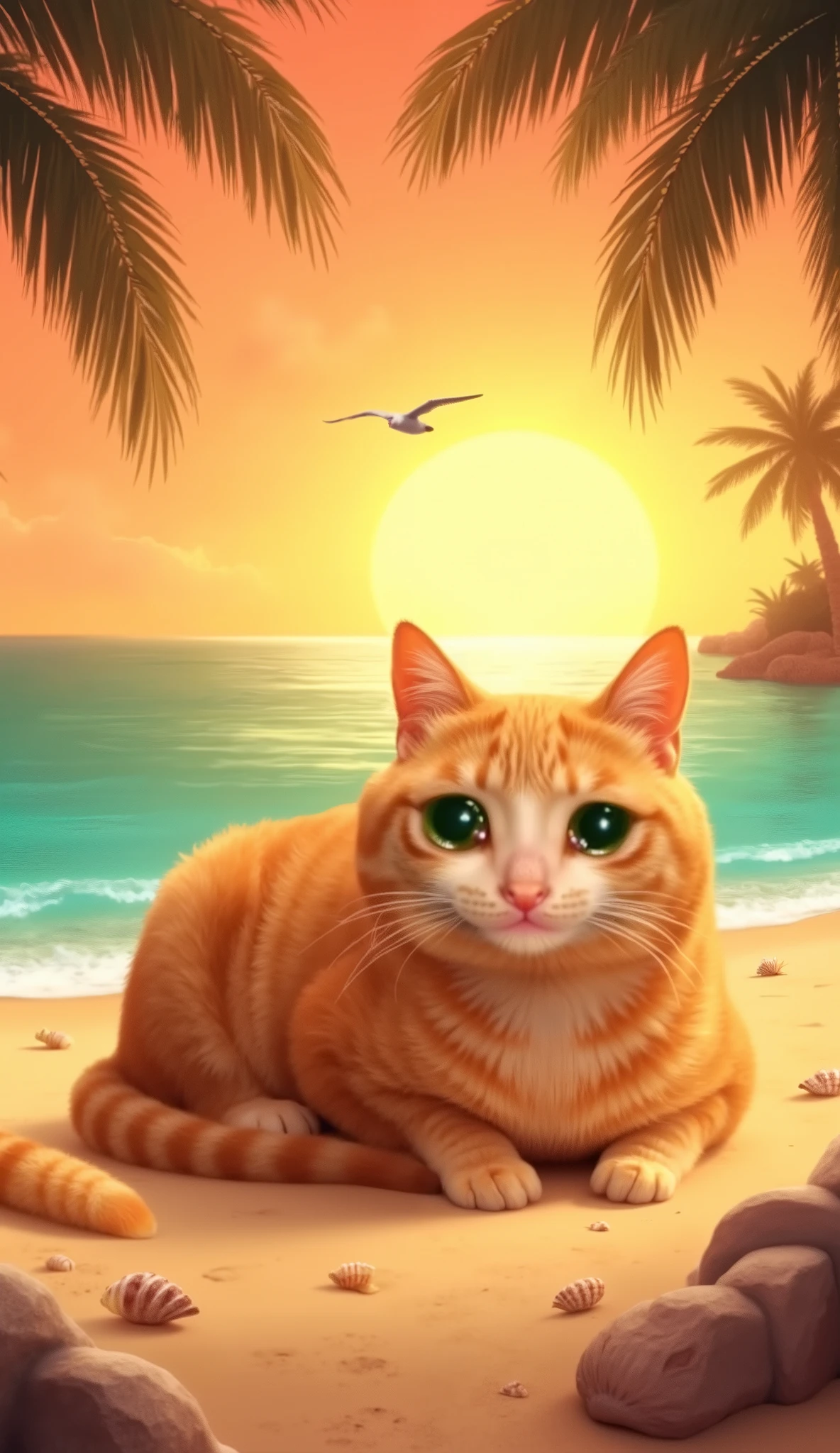 Here is a detailed prompt to generate the image of an orange cat relaxing on the beach :
*" An orange cat With soft and shiny fur, he is lying lazily on the golden sand of a tropical beach. Your green eyes reflect the light of the setting sun He observes the turquoise ocean . A gentle breeze gently shakes your mustaches , and its paws are partially buried in the warm sand . In the background, the tranquil sea forms small waves that touch the coast , with shells scattered across the sand. Some slanted palm trees cast soft shadows , and a seagull flies through the orange sky at sunset . The environment conveys a sense of peace and relaxation ."*
This should result in a beautiful scene ! If you want some extra detail , just let us know . 😊