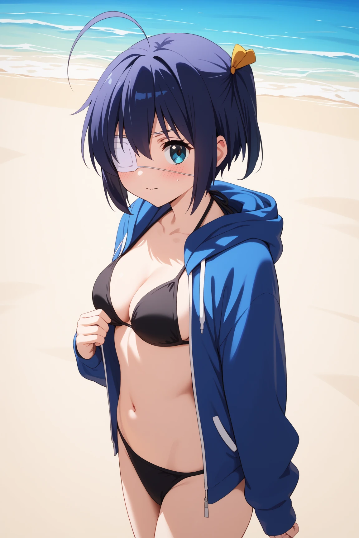 master piece, best quality, 8k, ultra high resolution, highest quality, anime style, best writing, beautiful face, best quality、masterpiece、high resolution、solo、{kurokawa_akane_osinoko:1.15}、bangs、short hair、blue hair、green eyeouth closed、black hair、medium hair、Female 1 person、blue eyes、beholder、black bikini, black hoodie, simple white background, stand, (cowboy shot:1.3)