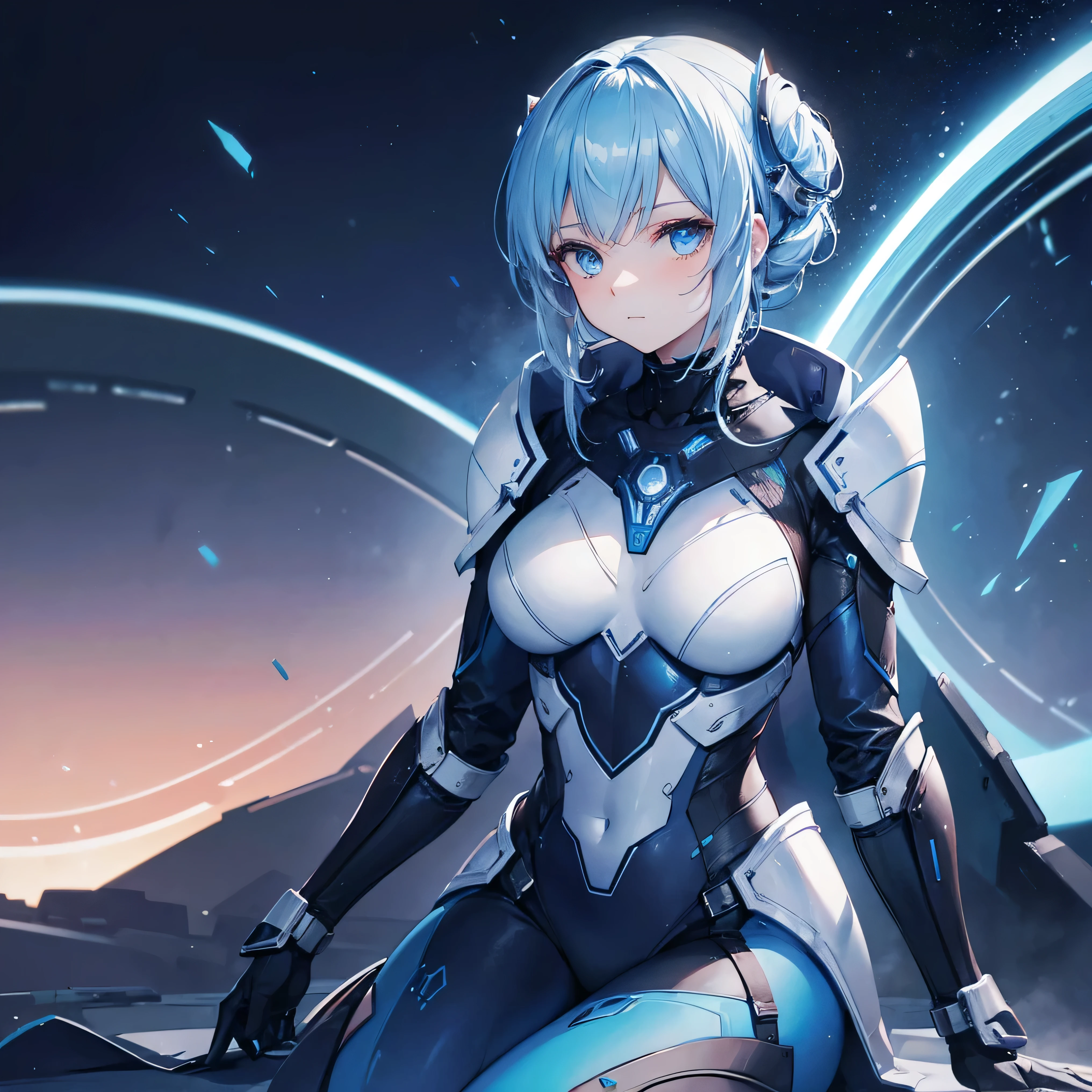 8K, Highest quality, (real:1.4), Original photo, 1 girl, Asari Hair, Biological Amplifier, refined armor, posture: Peace talks between warring factions, smart blue eyes、whole body