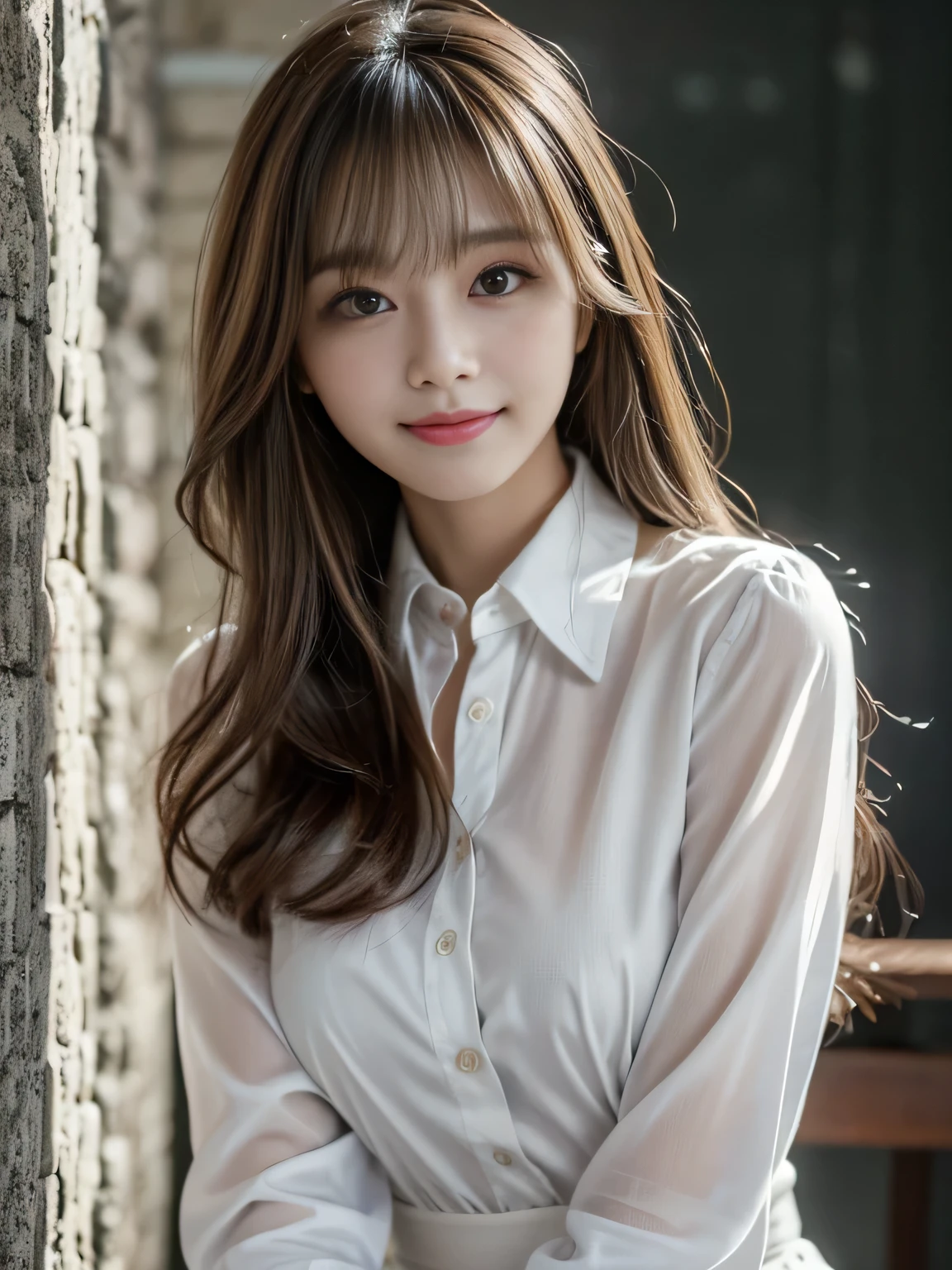 Ultra High Definition, Superior Quality, Premier Quality, ultra detailed, Photorealistic, 8k, RAW Photos, highest quality, masterpiece, Ash hair color, medium hair, asymmetrical bangs, (Seductive smile:1.2), K-pop Idol, Sophisticated girl, In front of mortar wall, dress shirt, Cowboy Shot,
