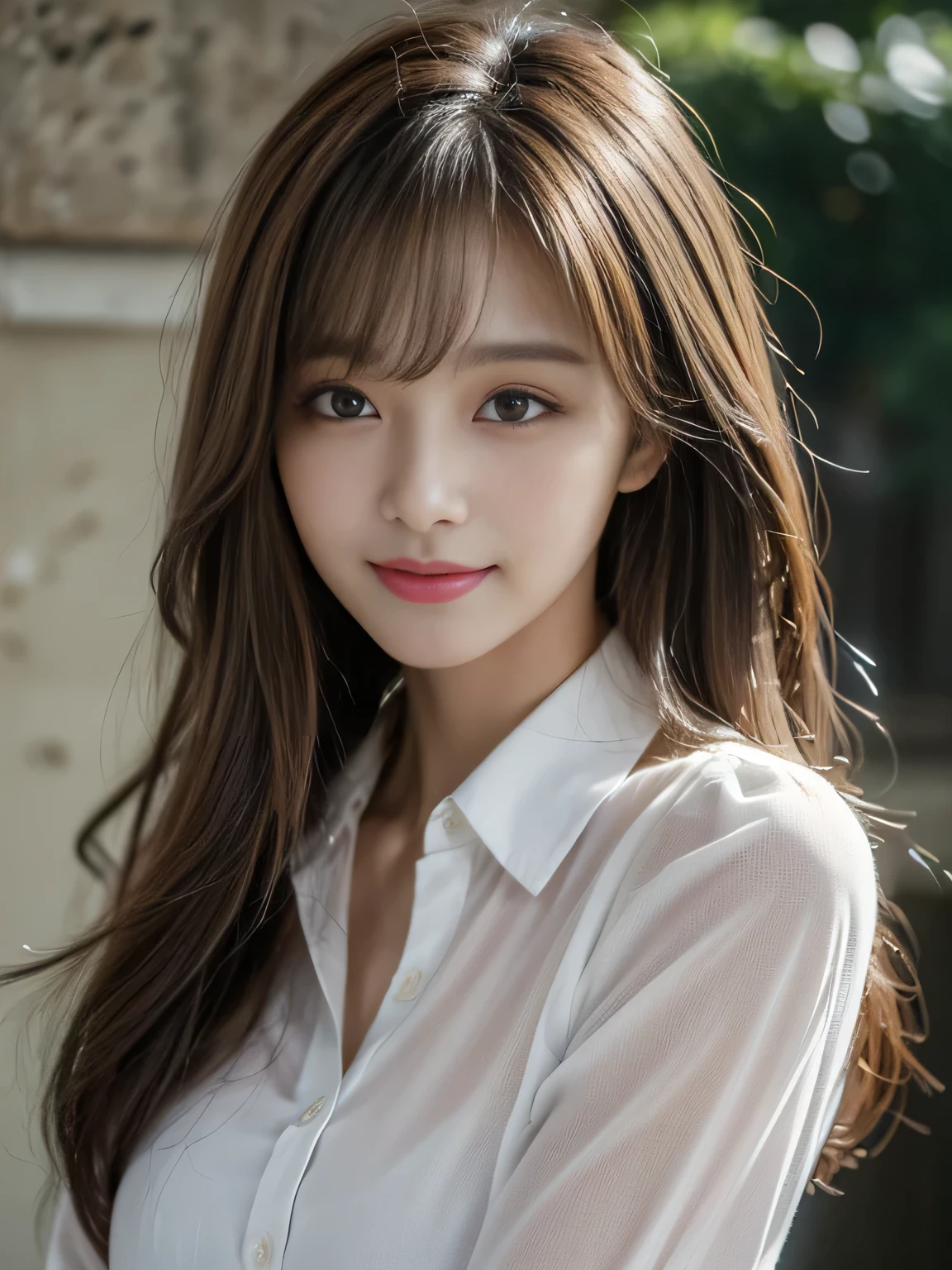 Ultra High Definition, Superior Quality, Premier Quality, ultra detailed, Photorealistic, 8k, RAW Photos, highest quality, masterpiece, Ash hair color, medium hair, asymmetrical bangs, (Seductive smile:1.2), K-pop Idol, Sophisticated girl, In front of mortar wall, dress shirt, Cowboy Shot,