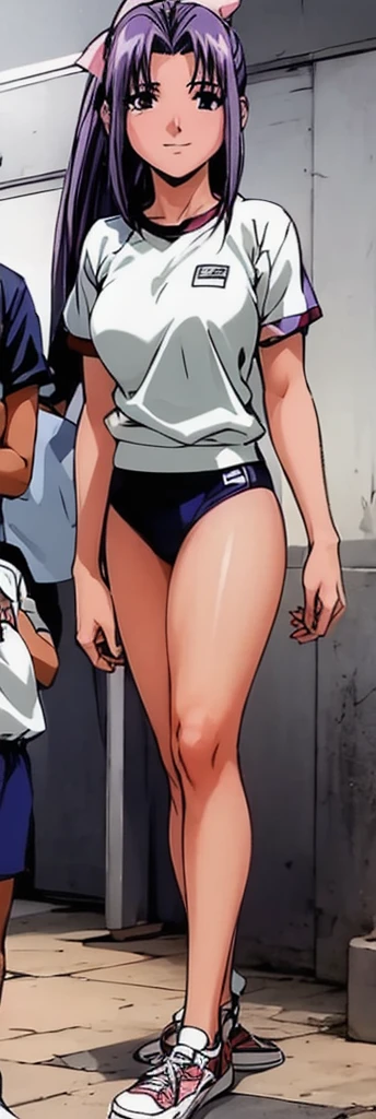 Momoko Koigakubo, a tall girl with beautiful legs, is wearing white gym clothes and light navy blue bloomers that look like panties, and is standing facing the viewer with her legs spread to the sides and her mouth open.。Doing Comanechi pose。blush。
